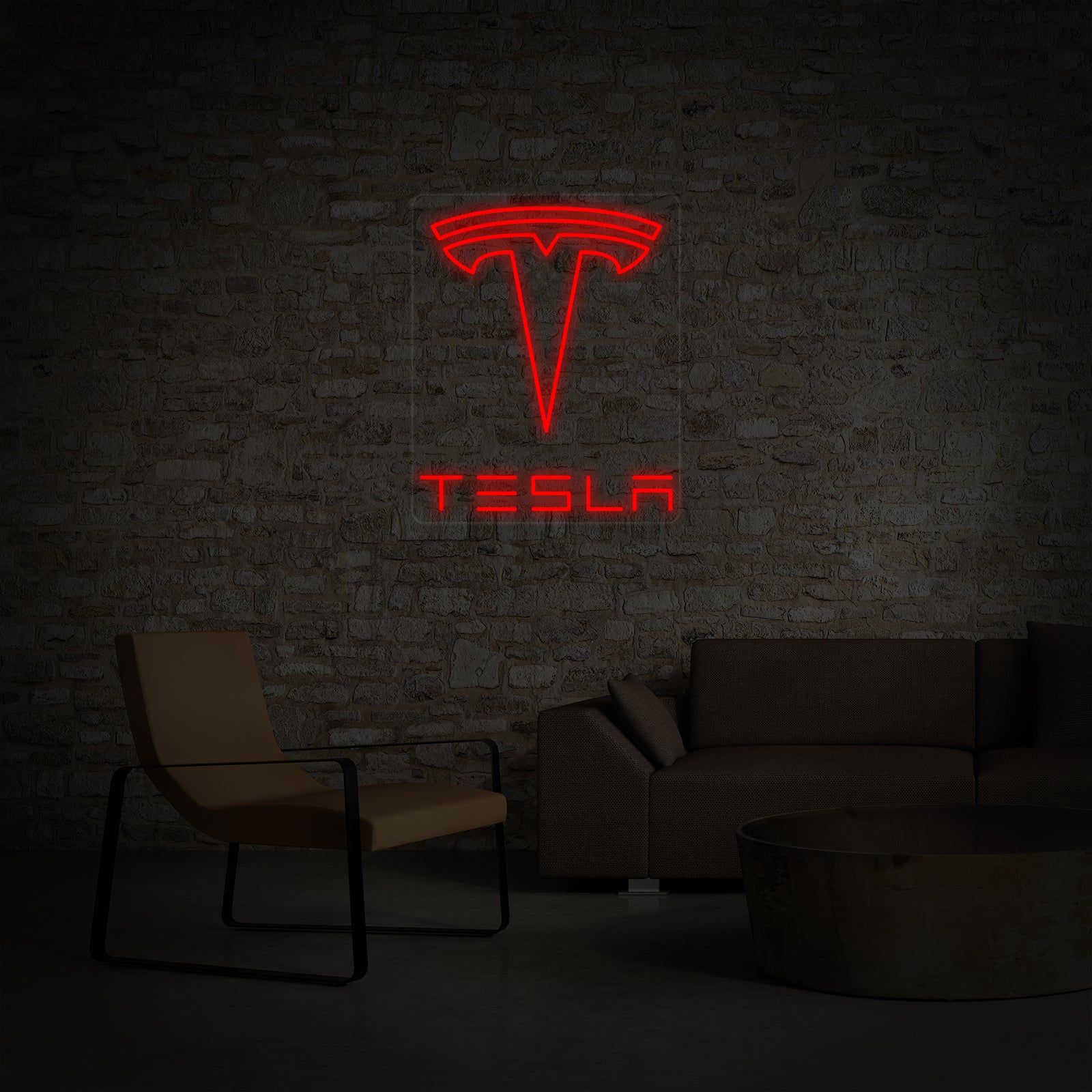 A bright red Tesla neon sign graphic on a dark background with simulated glowing lines.