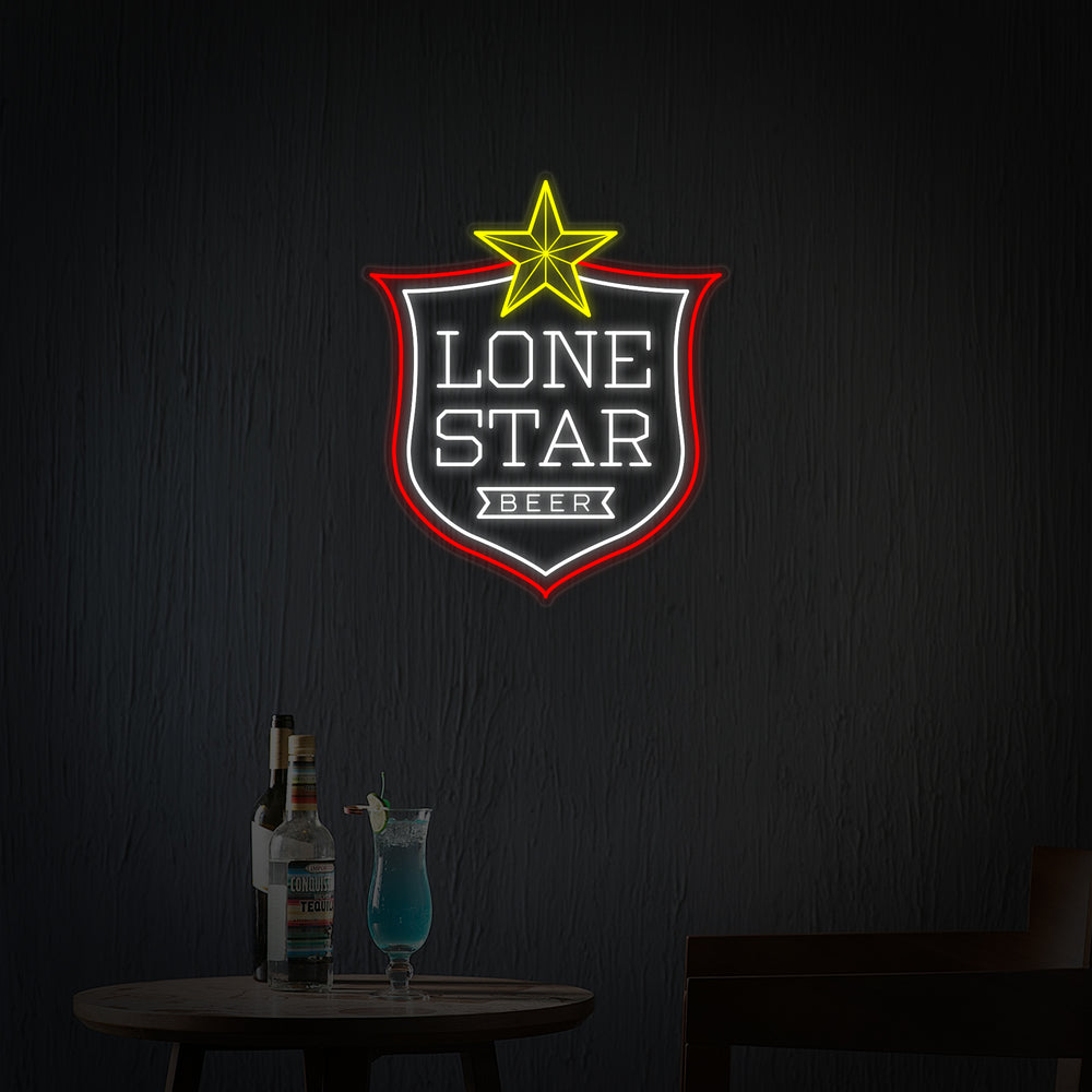 A close-up view of the 'LONE STAR Beer' and 'Texas Beer' neon sign, showcasing the detailed neon craftsmanship on a black backing.