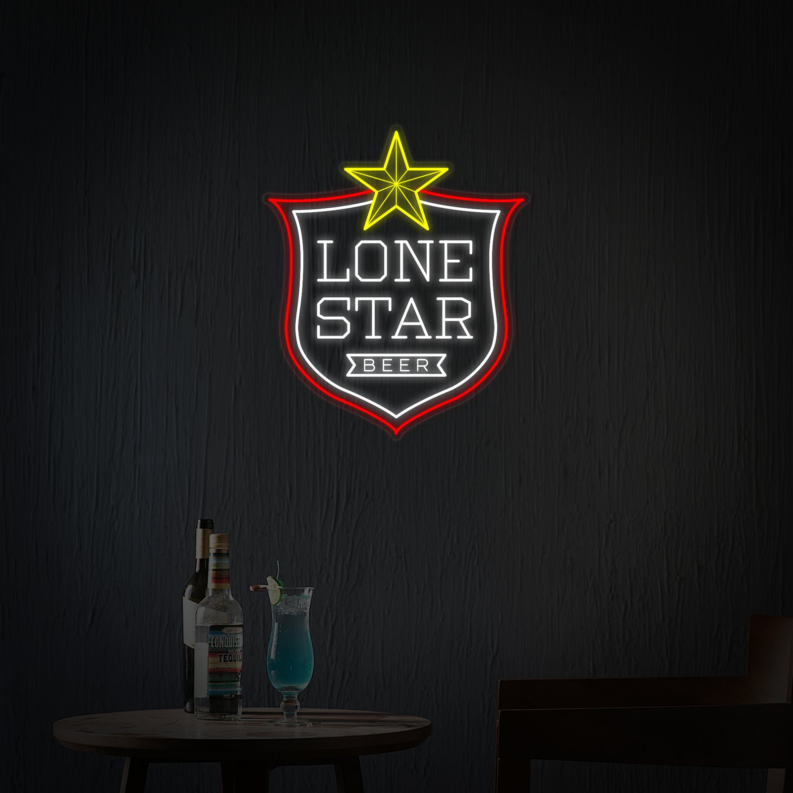 A close-up view of the 'LONE STAR Beer' and 'Texas Beer' neon sign, showcasing the detailed neon craftsmanship on a black backing.