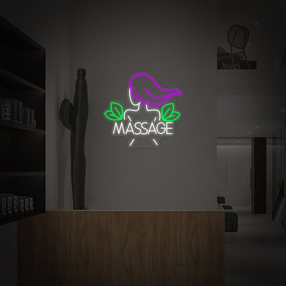 A 'Thai Massage Beauty Salon' neon sign in bright blue and warm pink lettering, designed for professional studio decor.