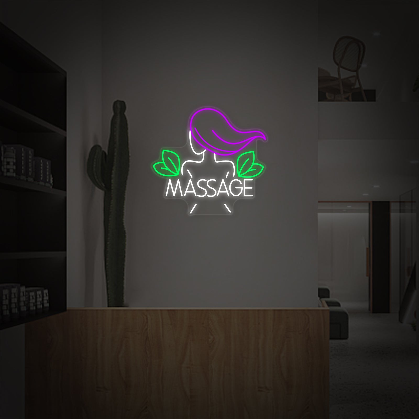 A 'Thai Massage Beauty Salon' neon sign in bright blue and warm pink lettering, designed for professional studio decor.