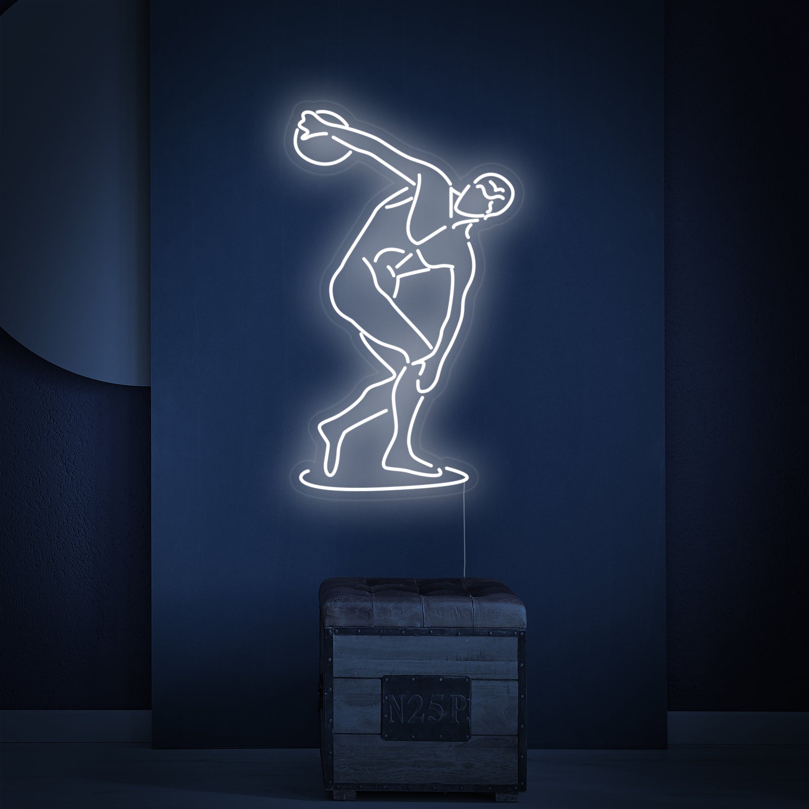 A direct studio shot of The Diskobolus of Myron Neon Sign against a dark background, highlighting its intricate detail.