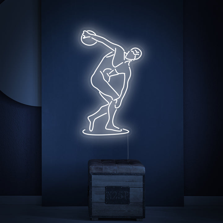 A direct studio shot of The Diskobolus of Myron Neon Sign against a dark background, highlighting its intricate detail.