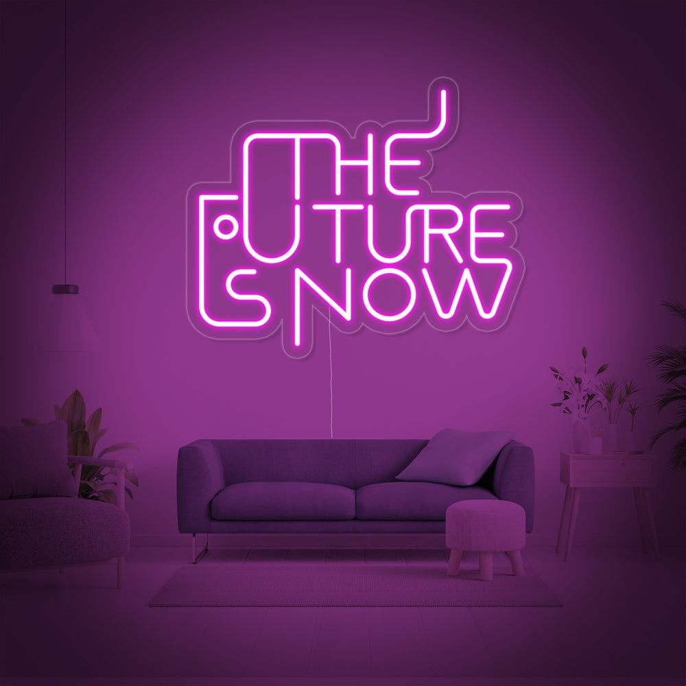 A sleek and minimalist 'The Future is Now' neon sign with an acrylic backer.