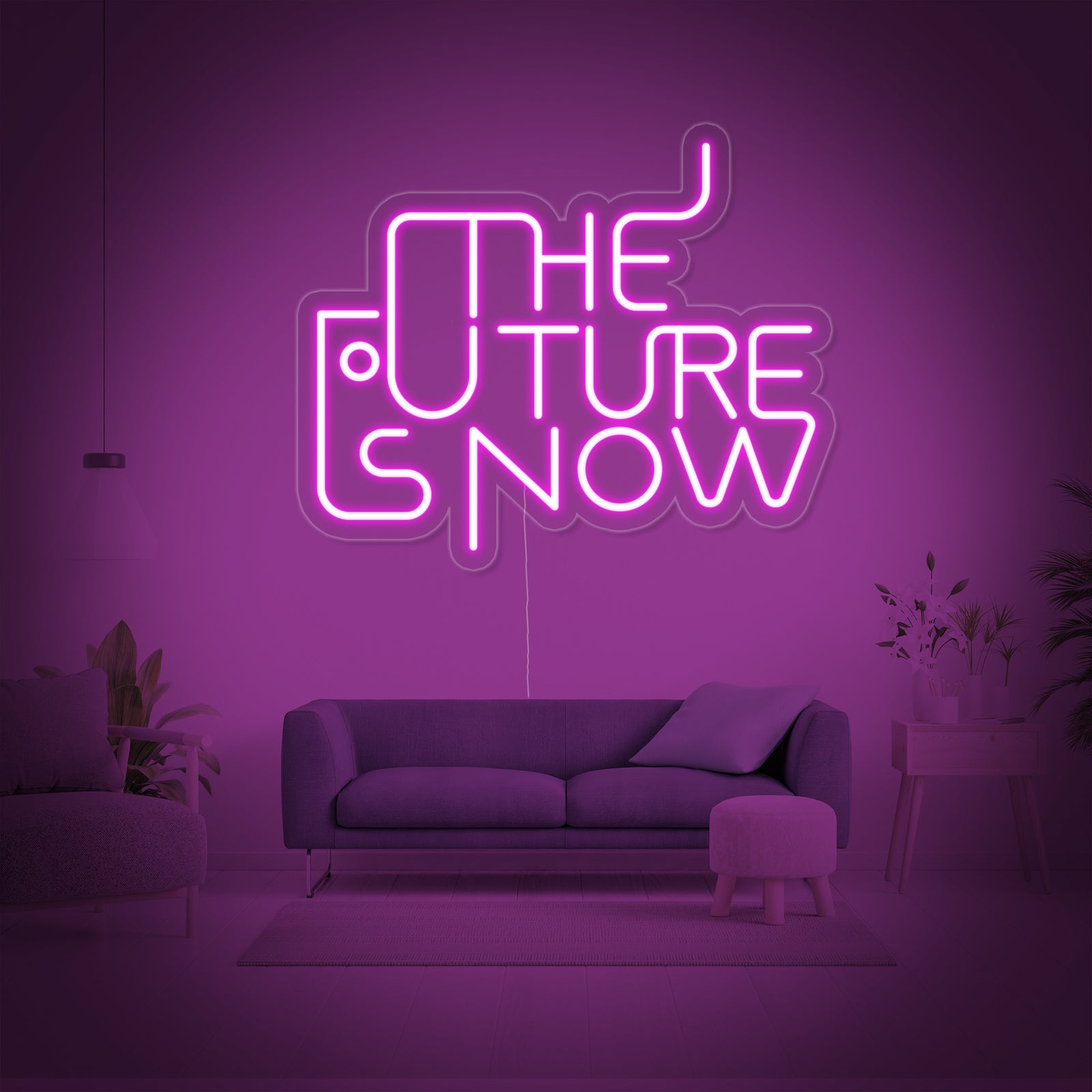 A sleek and minimalist 'The Future is Now' neon sign with an acrylic backer.