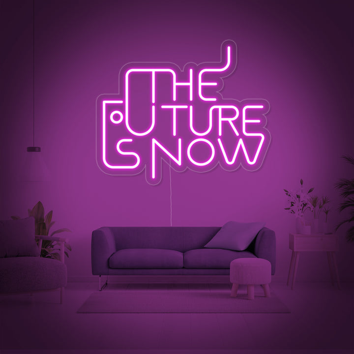 A sleek and minimalist 'The Future is Now' neon sign with an acrylic backer.