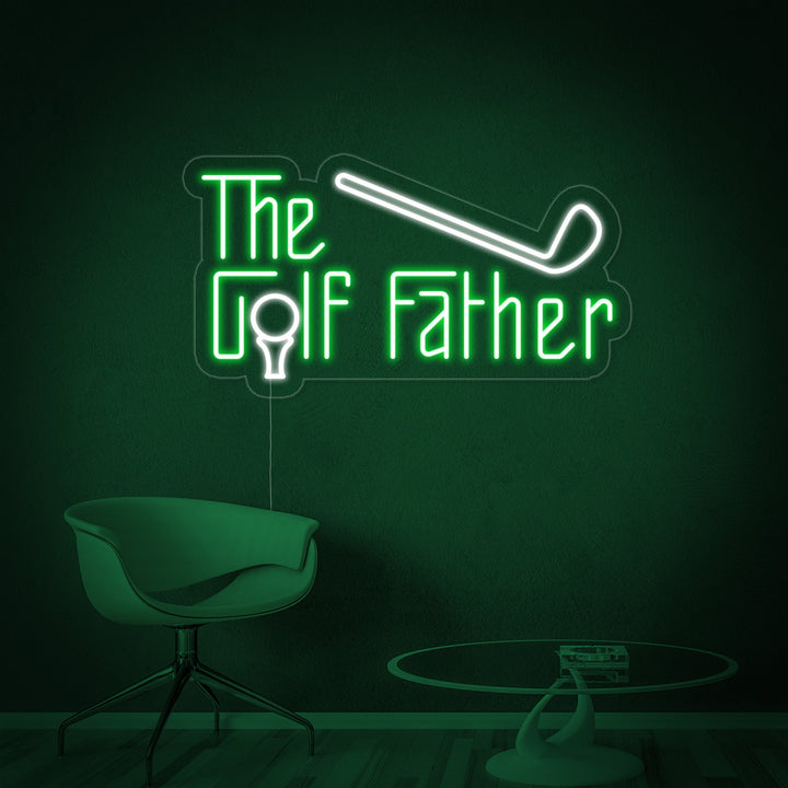 A cozy man cave interior featuring The Golf Father neon sign illuminated above a comfortable leather chair and side table, creating a warm ambiance.