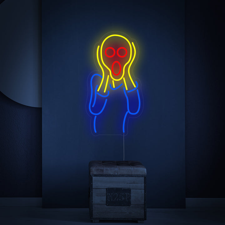A glowing 'The Scream' Edvard Munch neon sign shining brightly in a dark interior setting, casting blue and orange light.