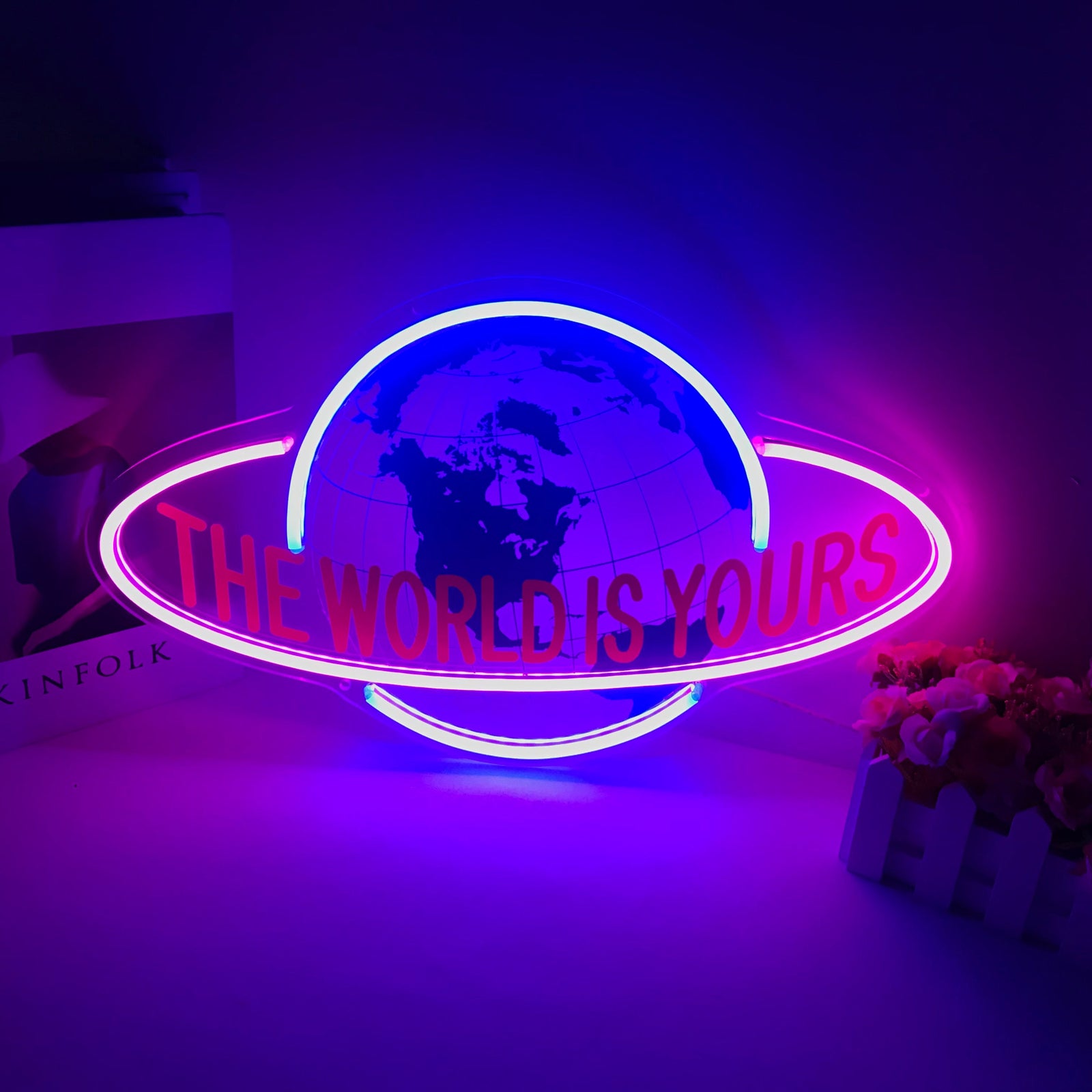 A glowing 'The World Is Yours' mini neon sign featuring a rocket ship and stars, hanging above a decorative shelf setup.