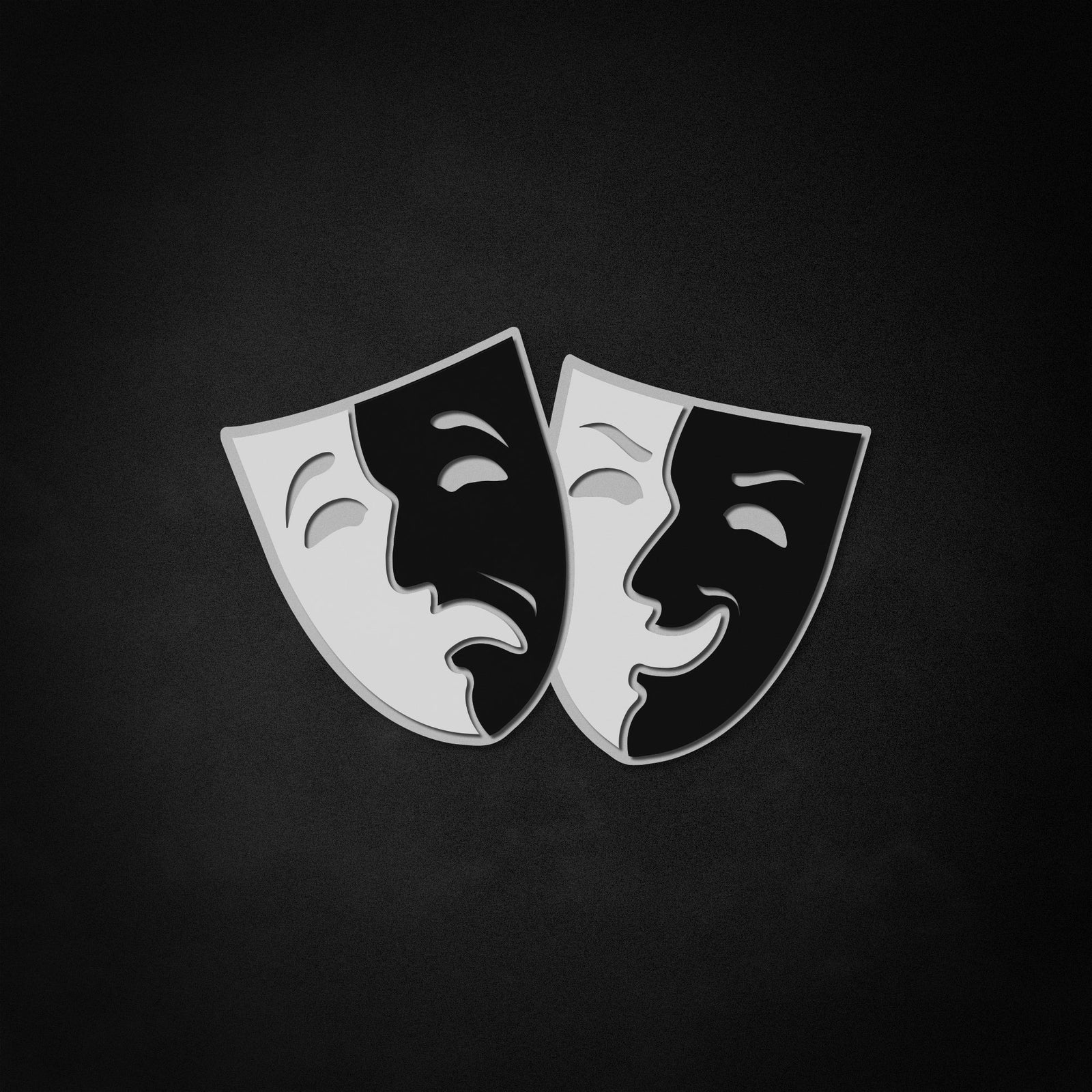 A graphical representation of the theater masks neon-style sign on a textured background.