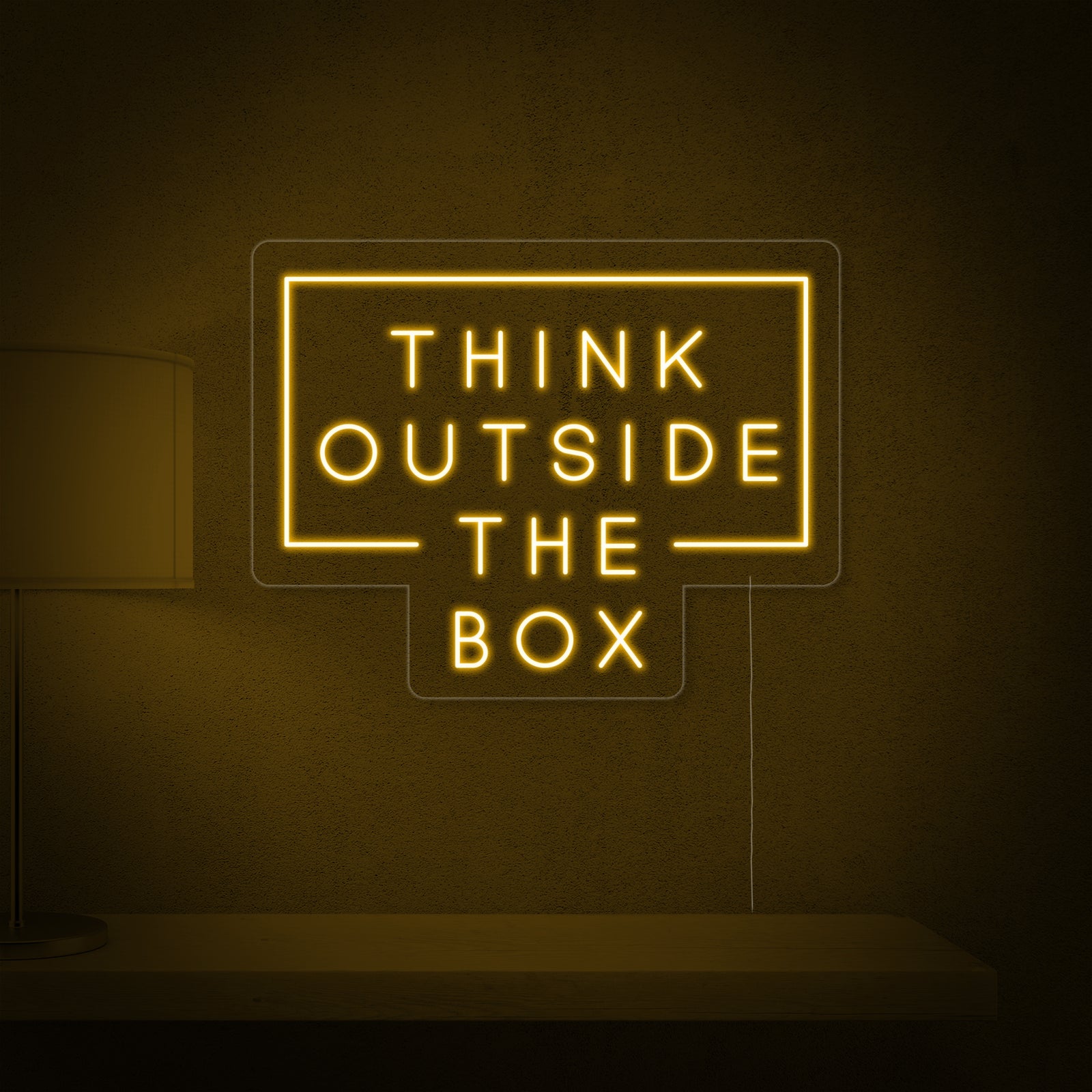 A front view illustration of a 'Think Outside The Box' neon sign on a clear acrylic background.