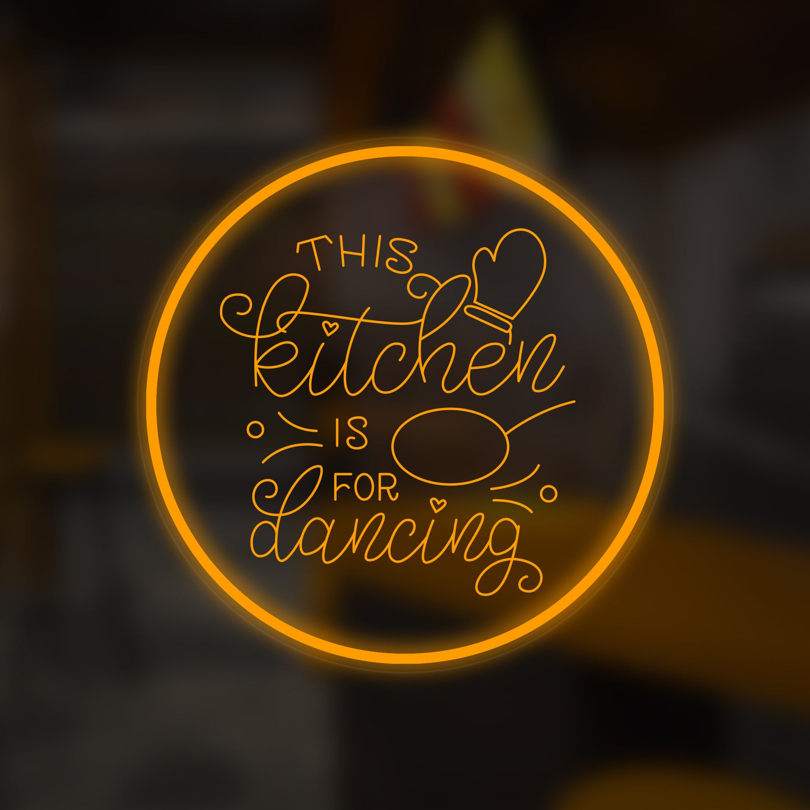 Digital rendering of the 'This Kitchen is For Dancing' neon sign concept featuring stylized glowing text on an acrylic backing.