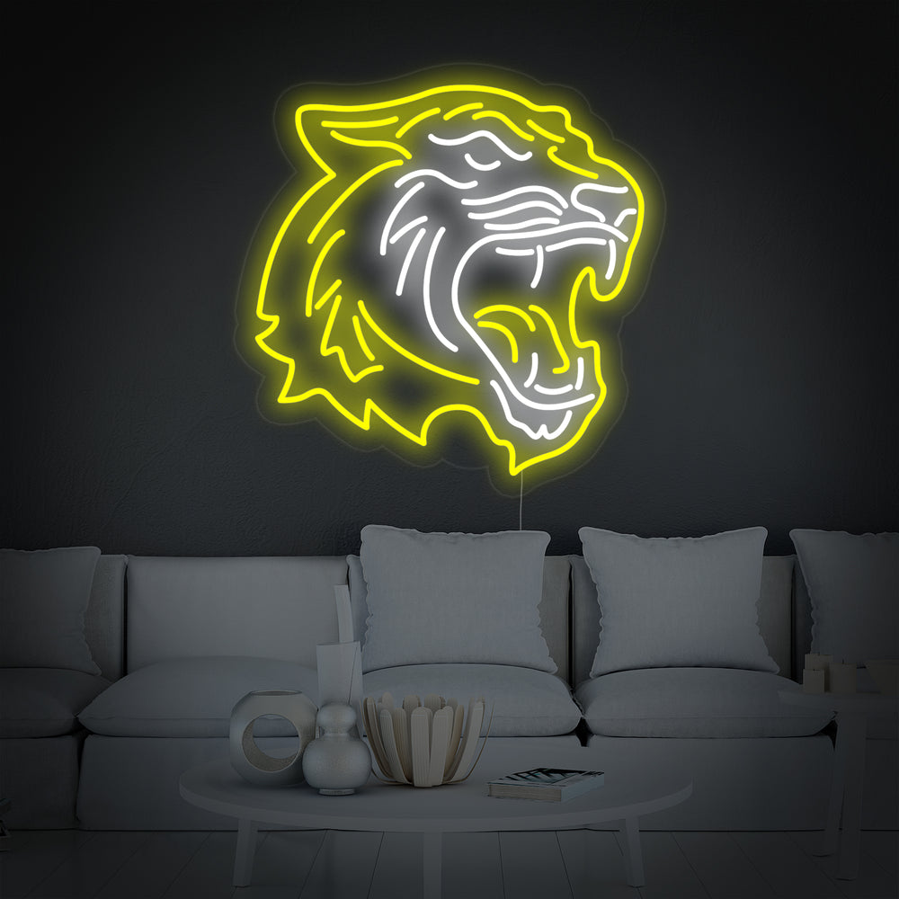 Artistic depiction of a Tiger Head neon sign glowing brightly against a dark background.