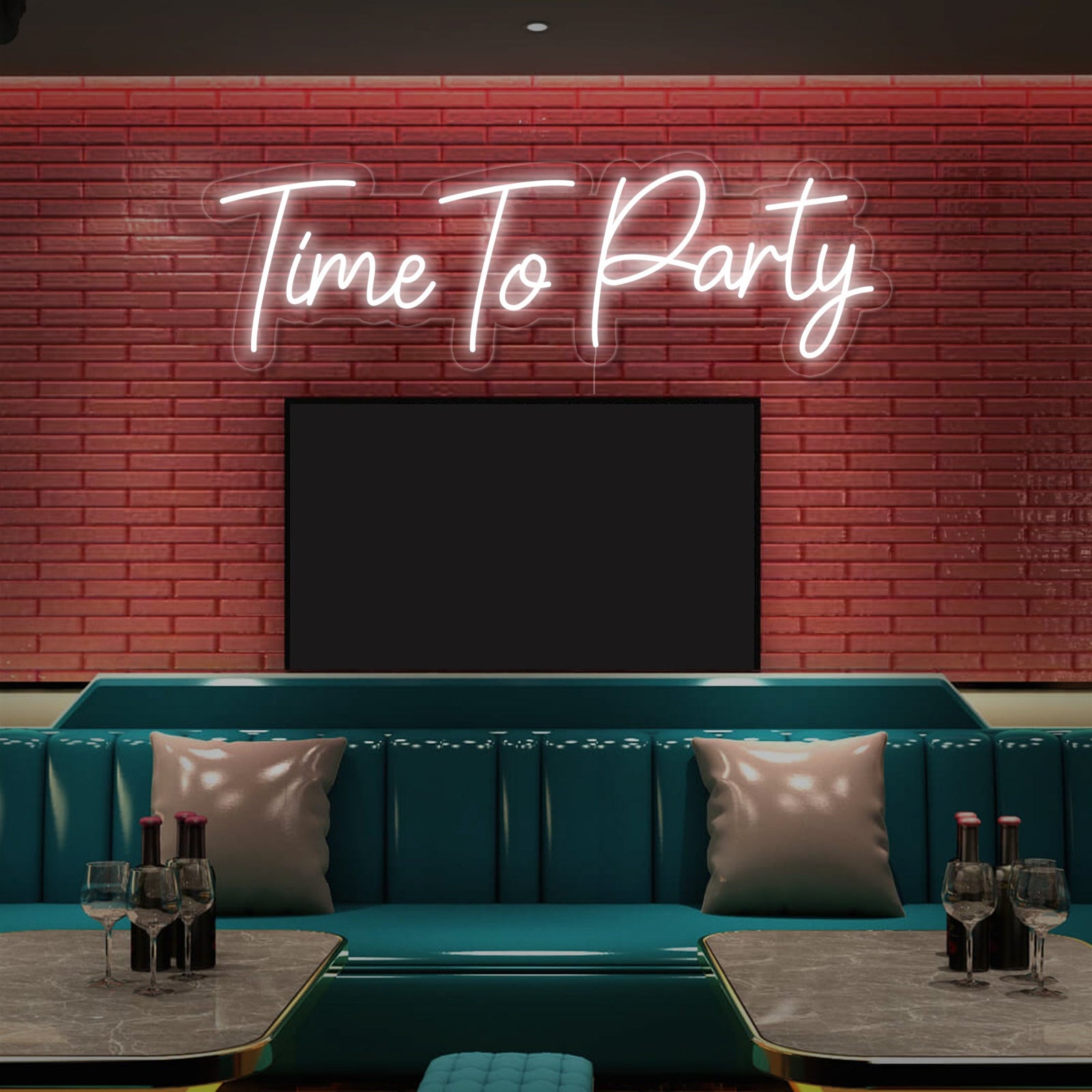 A close-up shot showing the detailed glowing blue tubing of the 'Time To Party' neon sign against a dark background, highlighting the quality and brightness.