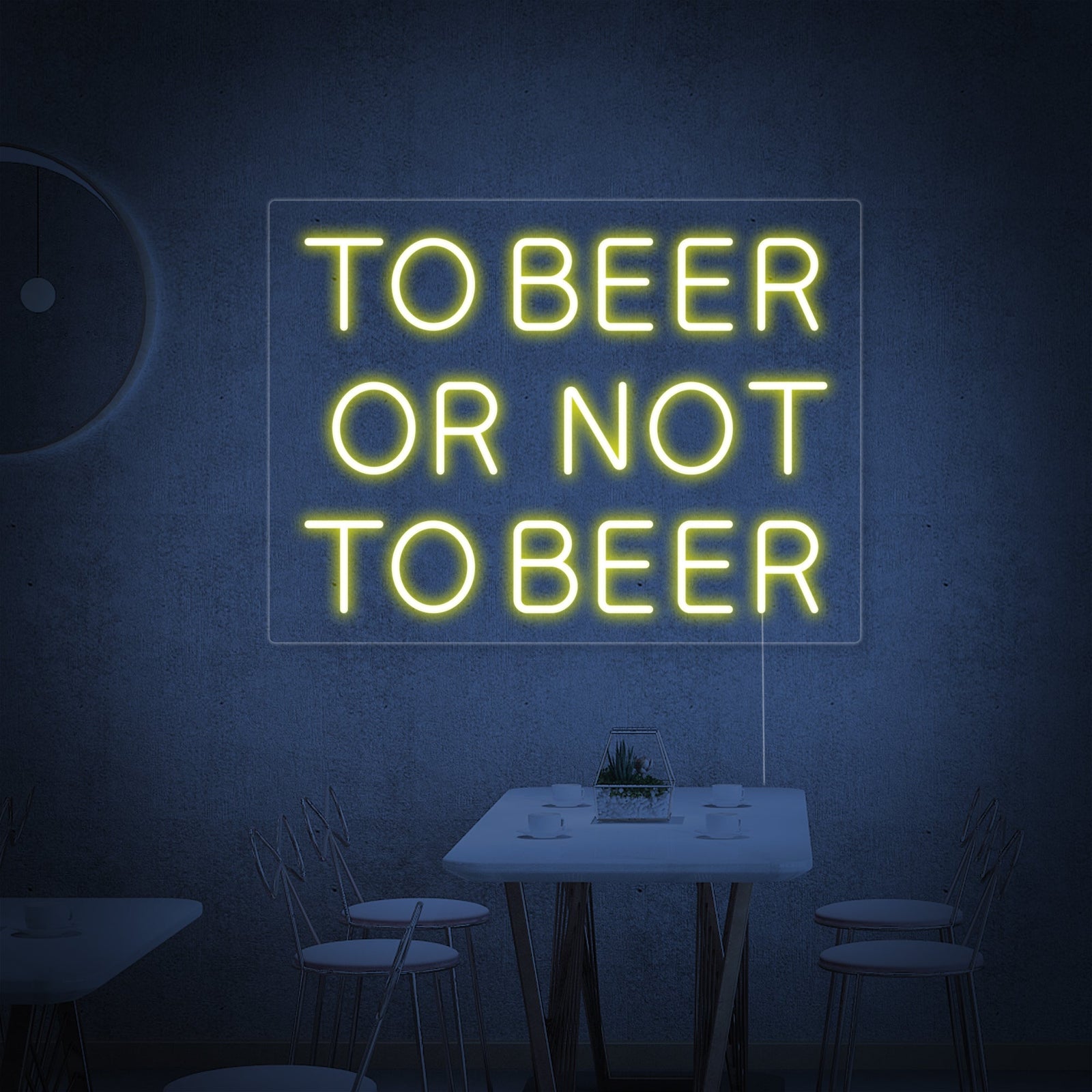 A glowing 'To Beer or not to Beer' neon sign adds a warm glow to a rustic brick wall in a cozy bar area, styled with a bar table and clock.
