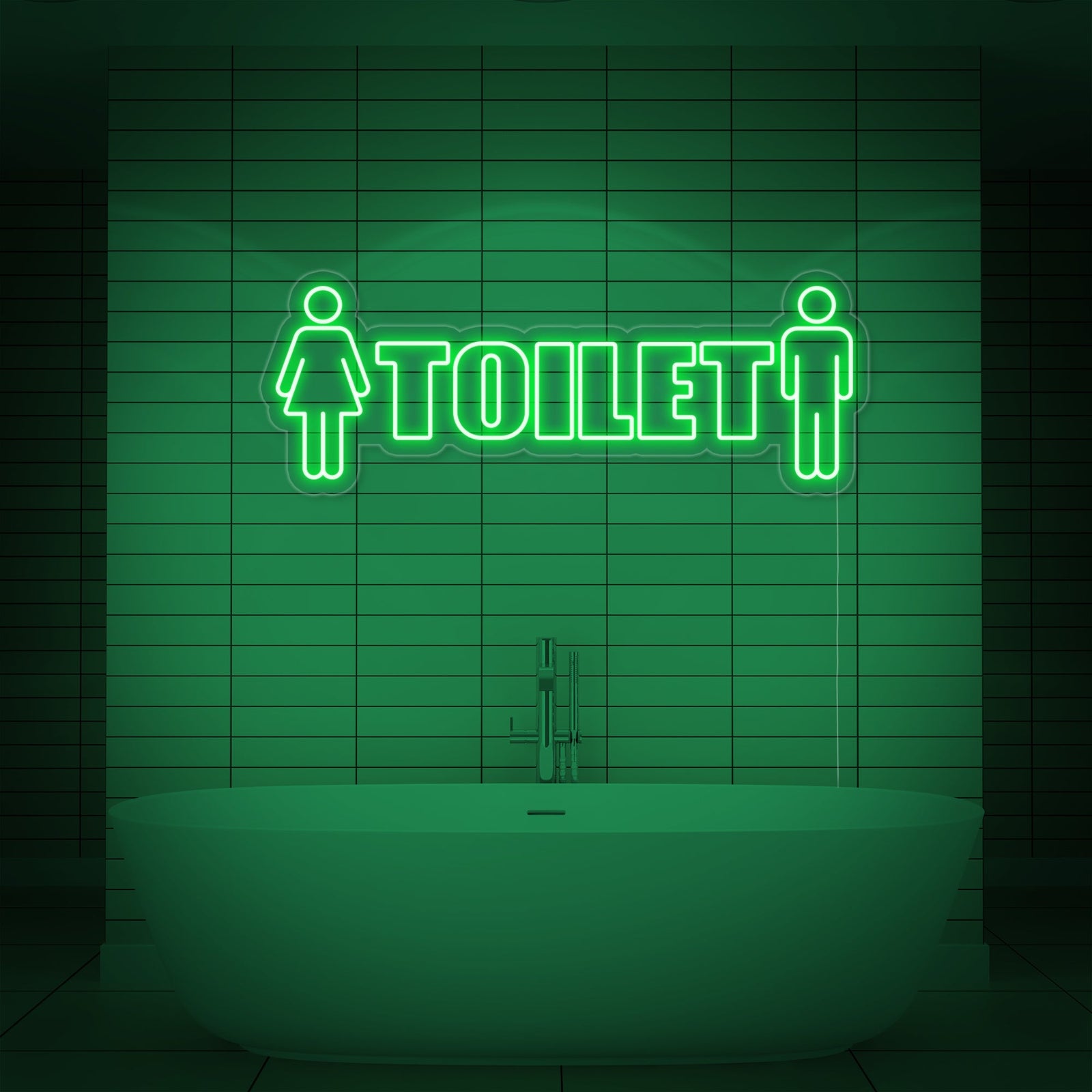 A graphic design mockup of a glowing 'Toilet Man Woman' neon sign with universal restroom symbols, mounted on clear acrylic with a visible power cord against a plain grey background.