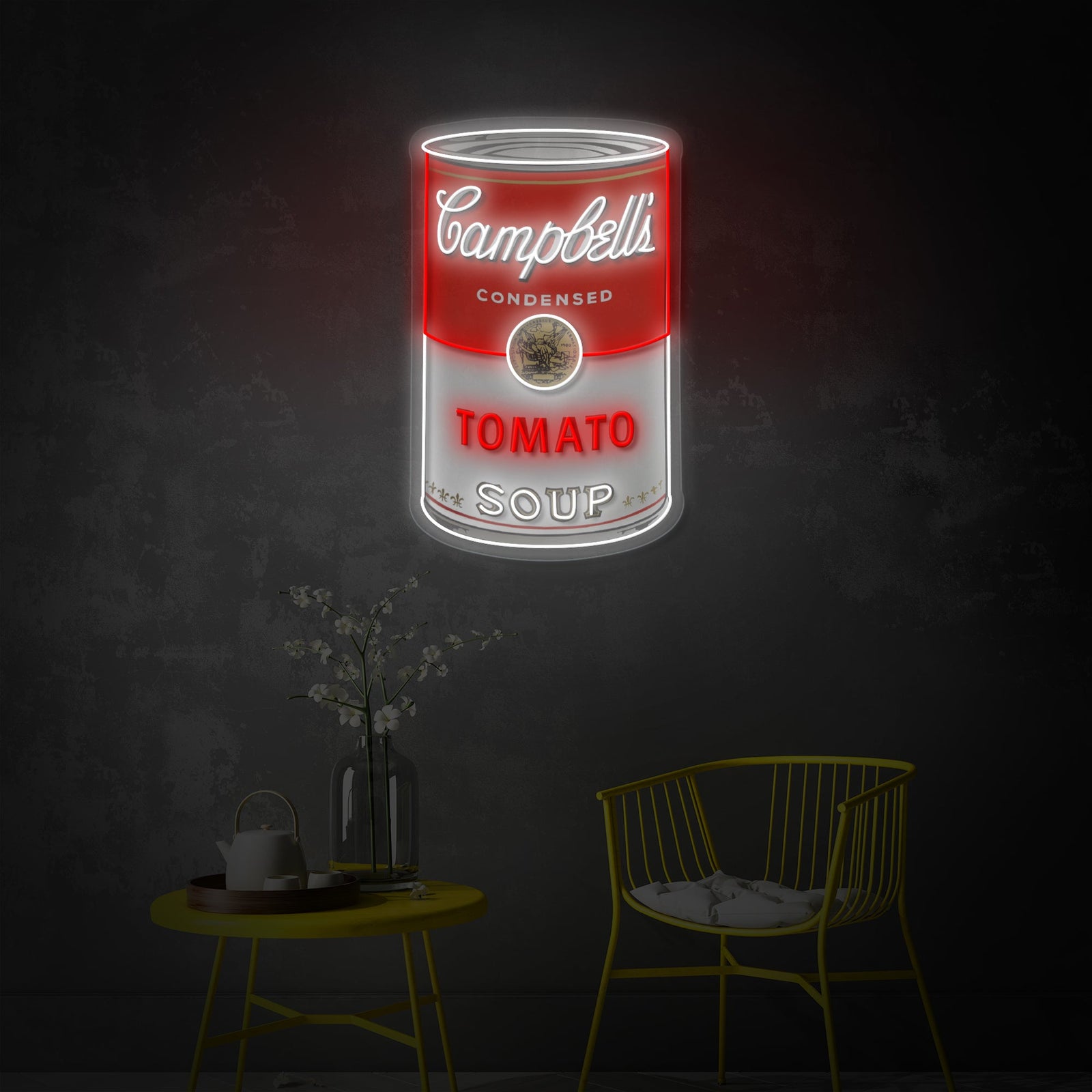 A close-up view of the Tomato Soup Can Pop Art UV Print LED Neon Sign design, highlighting the printed detail and the glowing blue neon border.