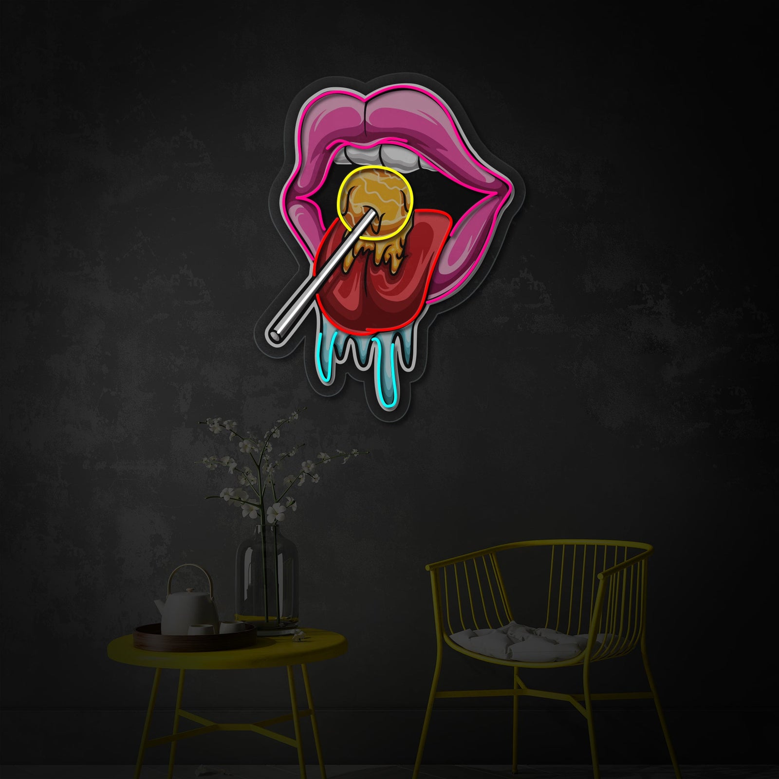The "Tongue Eat Candy" UV print neon sign glowing brightly on a wall in a modern room setting, casting a vibrant colorful light.