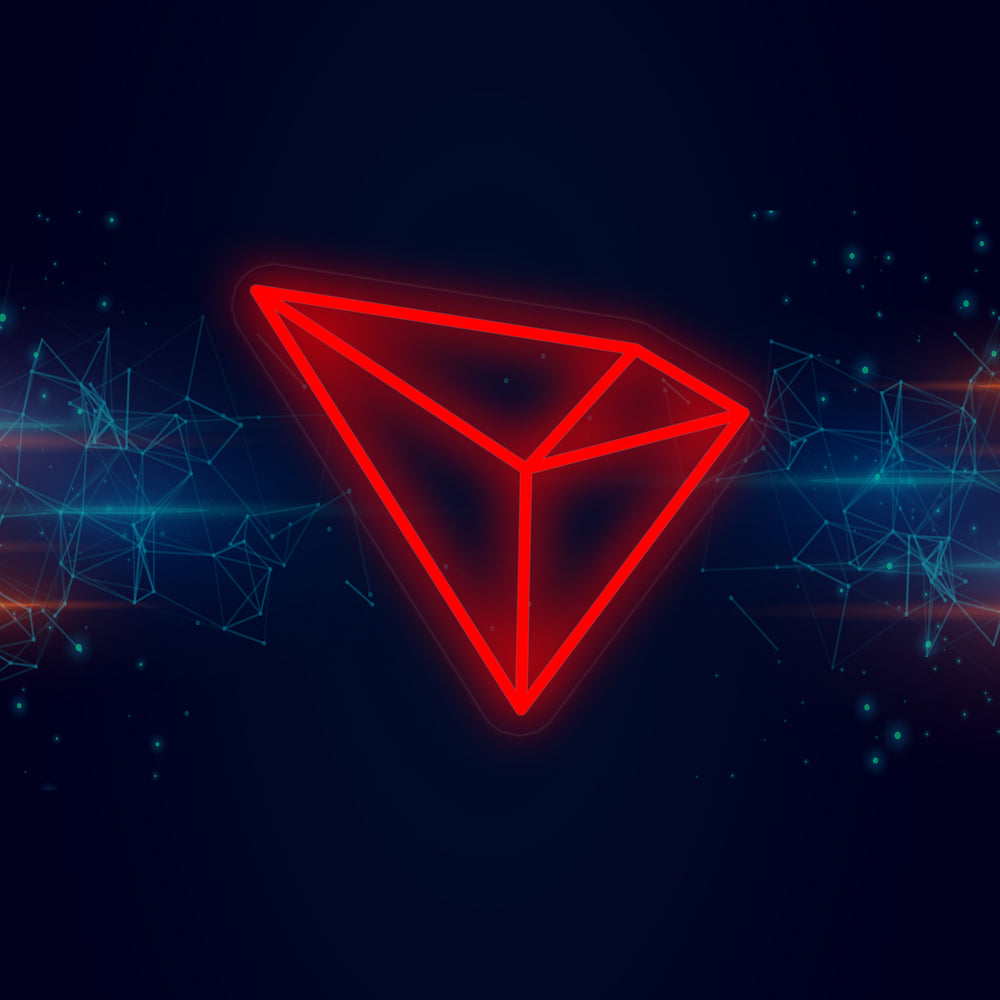 A graphic design image of the glowing blue Tron TRX cryptocurrency logo on an abstract digital background.