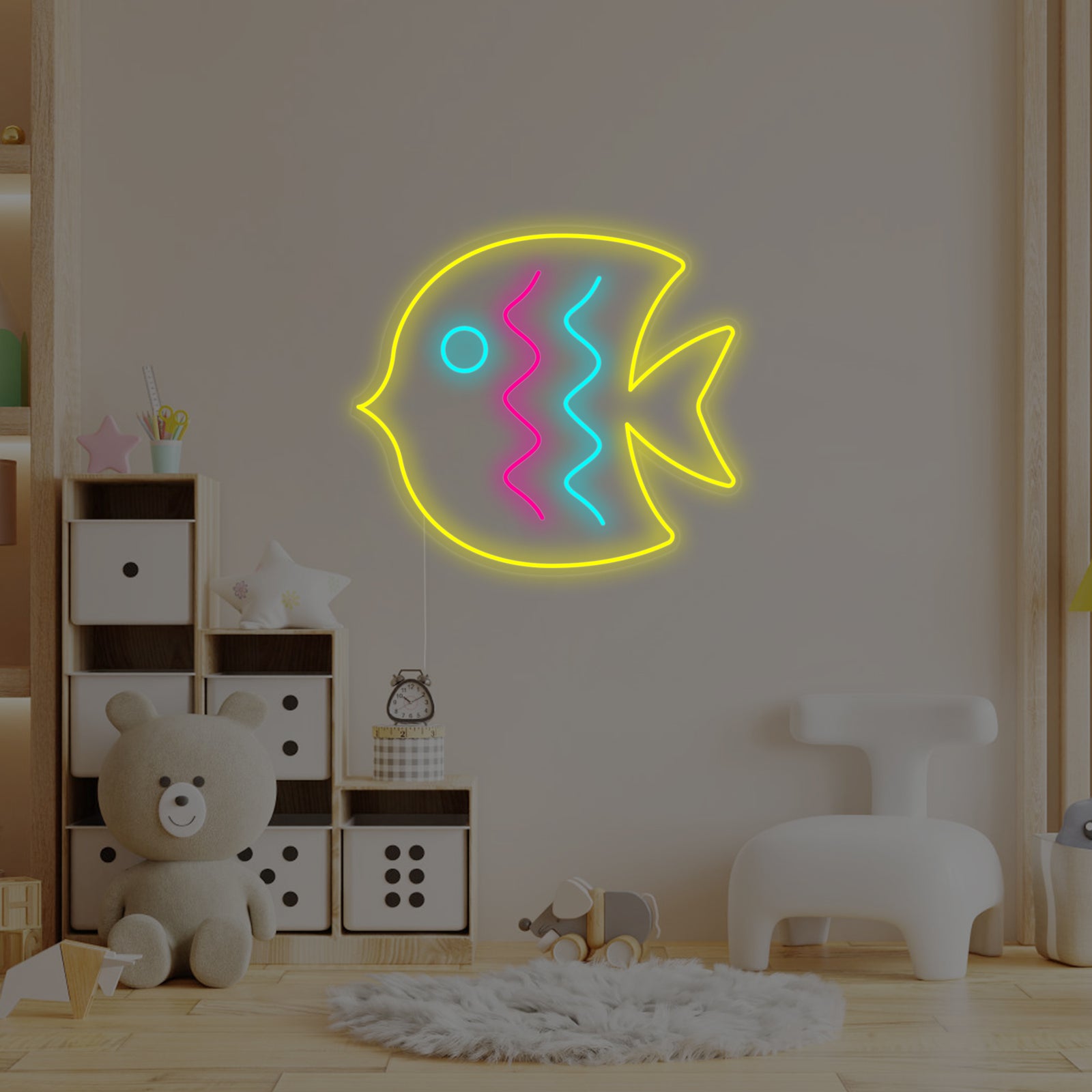 A clean, graphic representation of the blue and orange tropical fish neon sign design, highlighting the specific colors and outline structure.