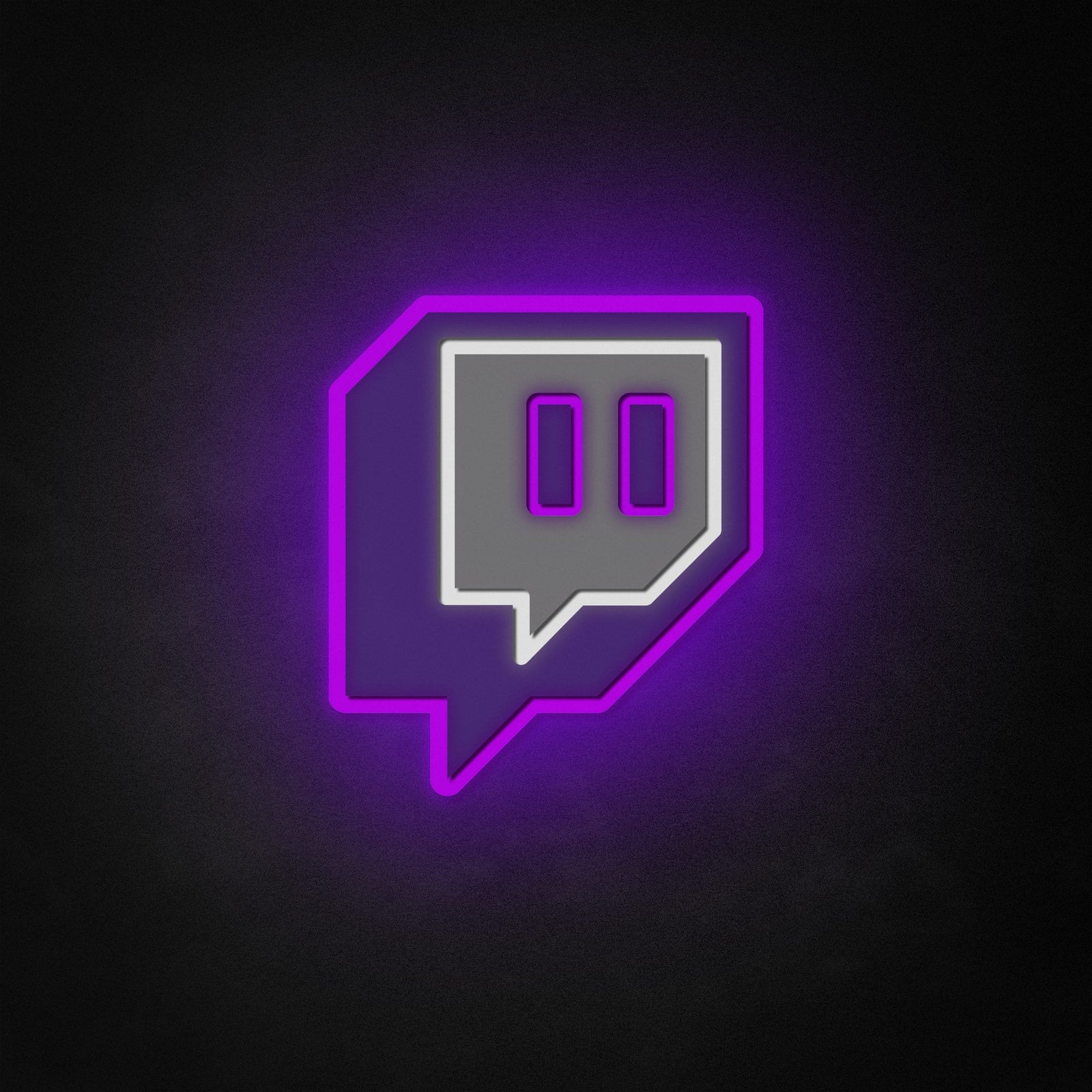 Bright purple Twitch logo neon sign mounted and lit against a wall.
