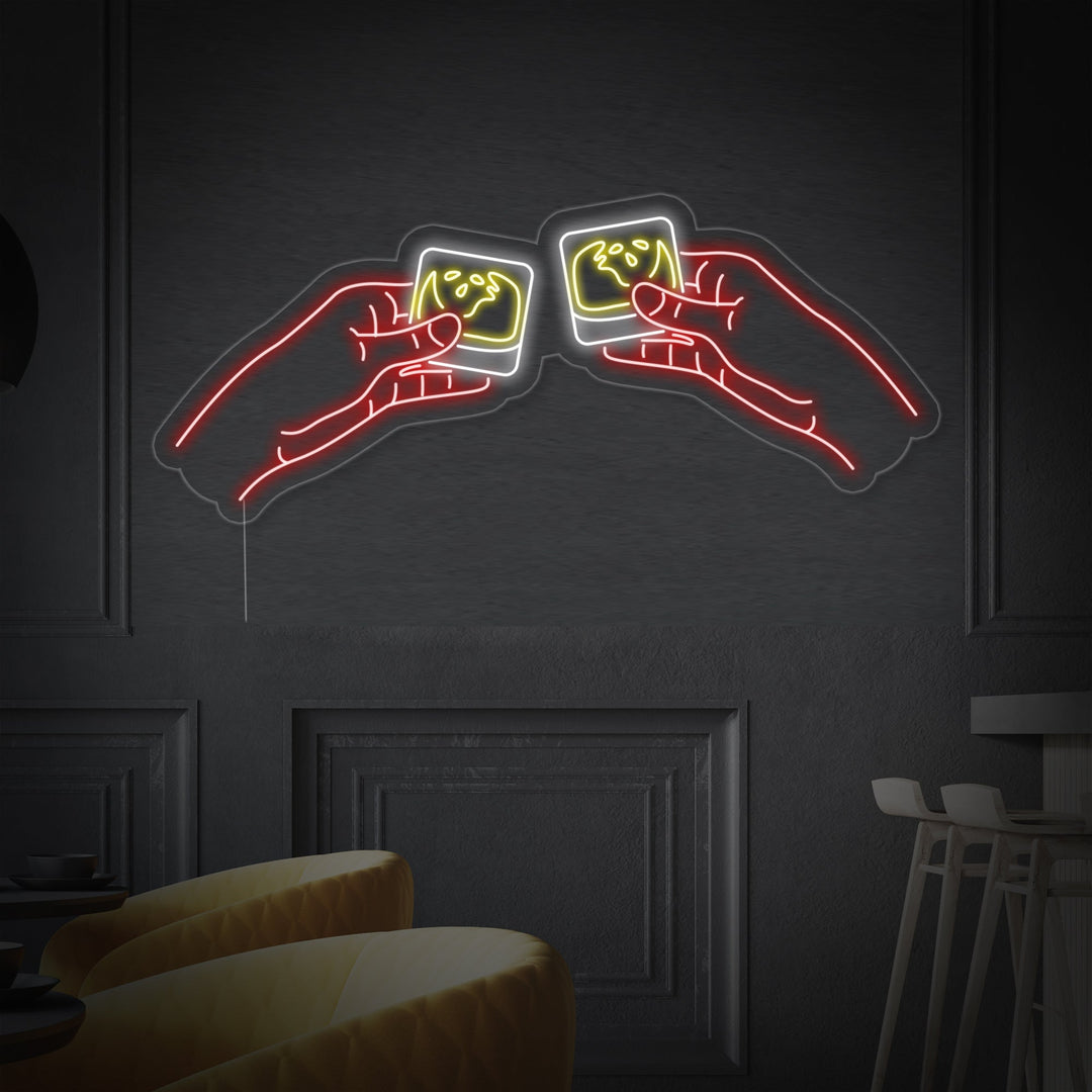 "Two Hands Clinking Scotch Whiskey Glasses" Neon Sign