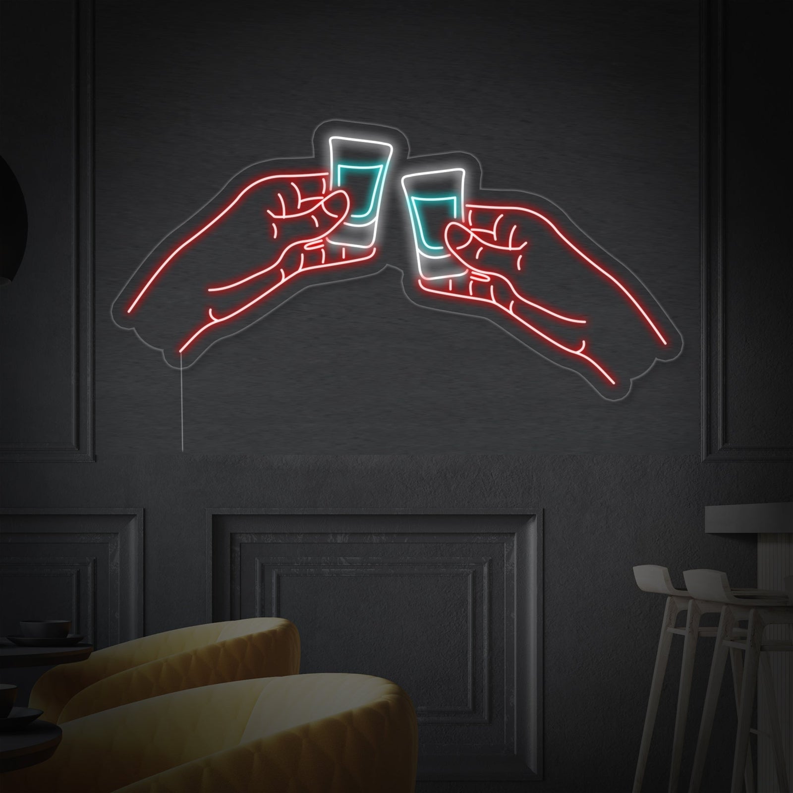 A well-lit neon sign depicting two hands clinking shot glasses mounted on a transparent acrylic backing and glowing brightly.