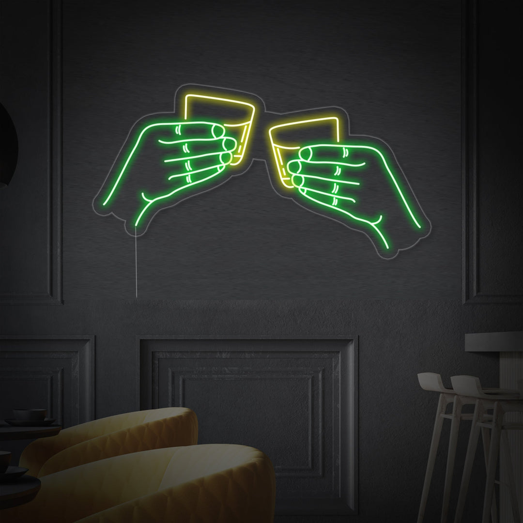 "Two Hands Clinking Whiskey Glasses Bar" Neon Sign