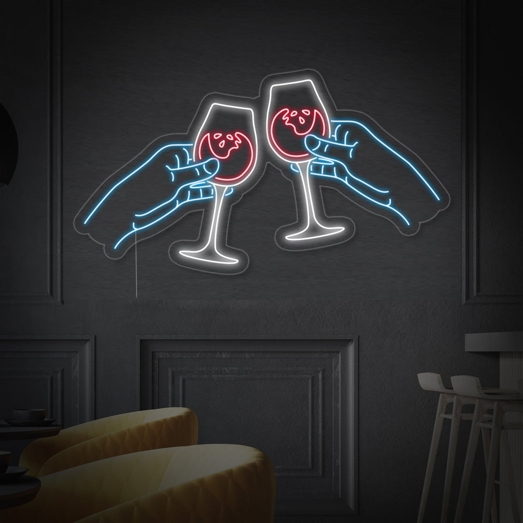 Two Hands Clinking Wine Glasses Bar Neon Sign