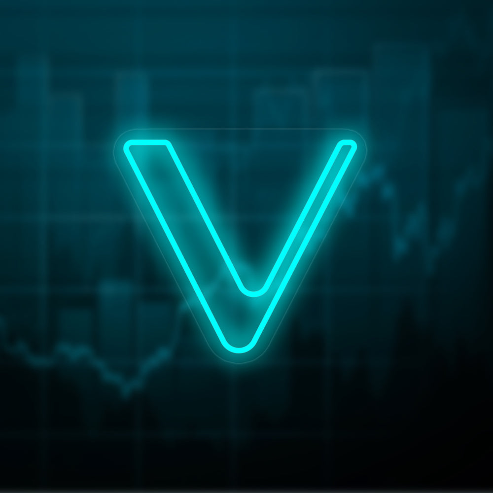 Vechain VET logo rendered in neon light over a dark background with blurred chart graphics.