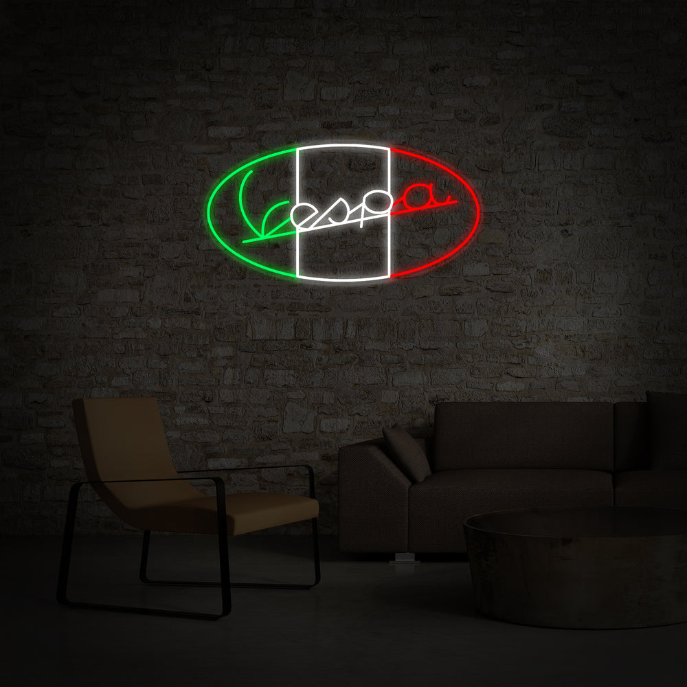 A photographed Vespa scooter logo neon sign with realistic glass tubes mounted on a background.