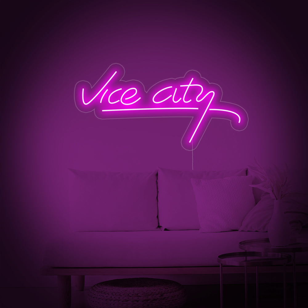 Detail view showing the craftsmanship of the "Vice City, Game Room Decor" neon sign tubes.