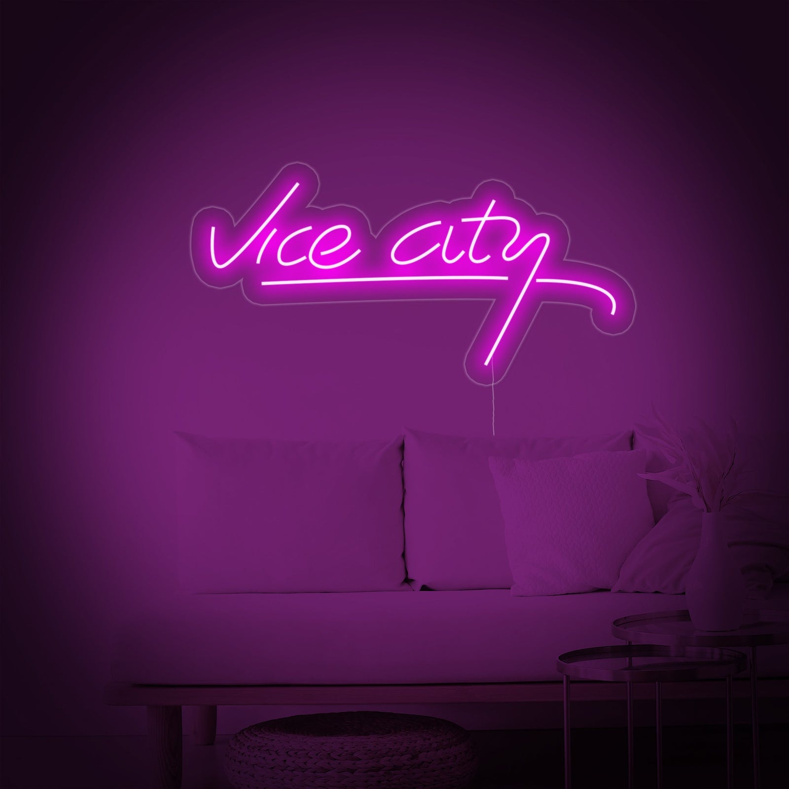 Detail view showing the craftsmanship of the "Vice City, Game Room Decor" neon sign tubes.