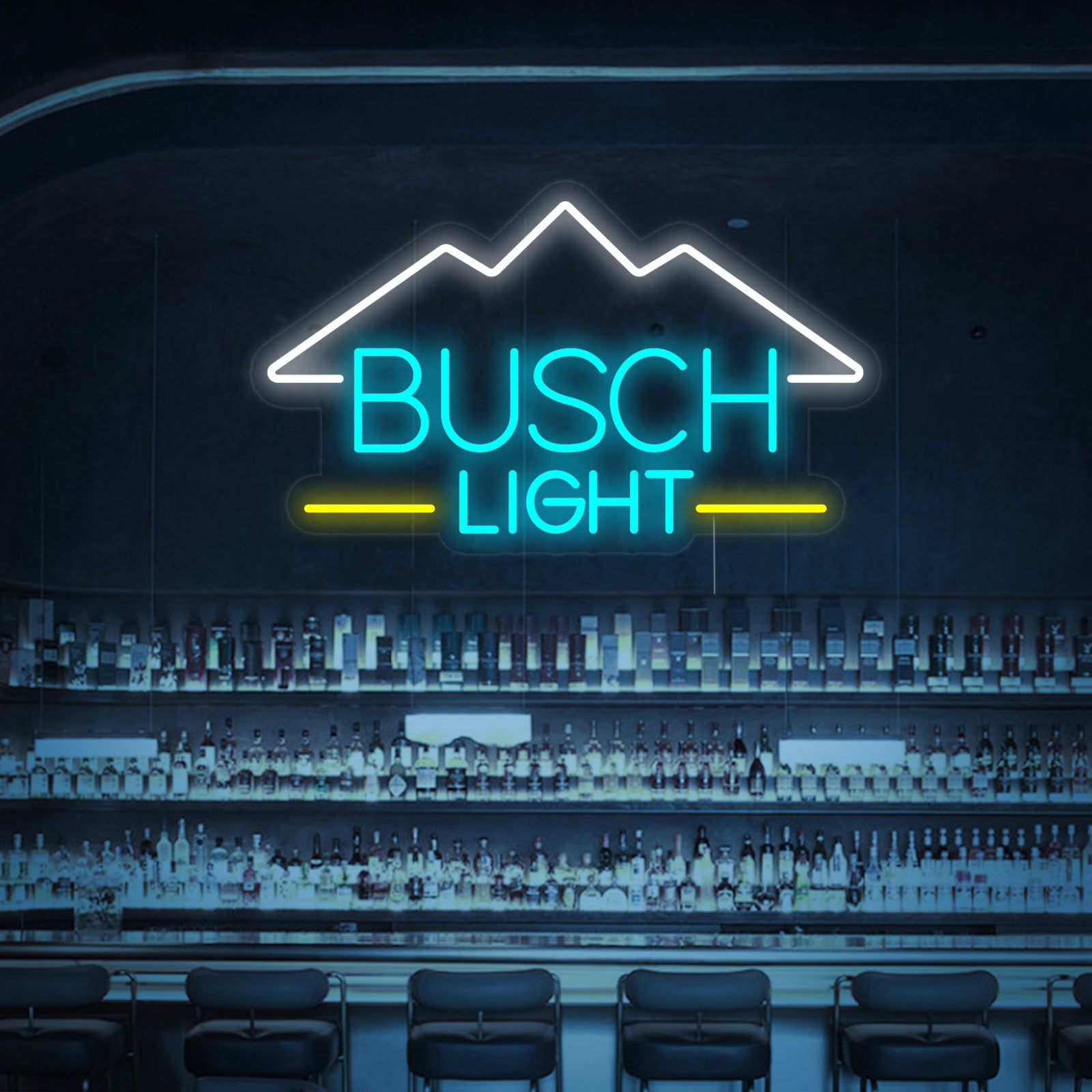 A Busch Light neon sign glowing with a bright blue and white light, mounted on a rustic wooden bar wall.