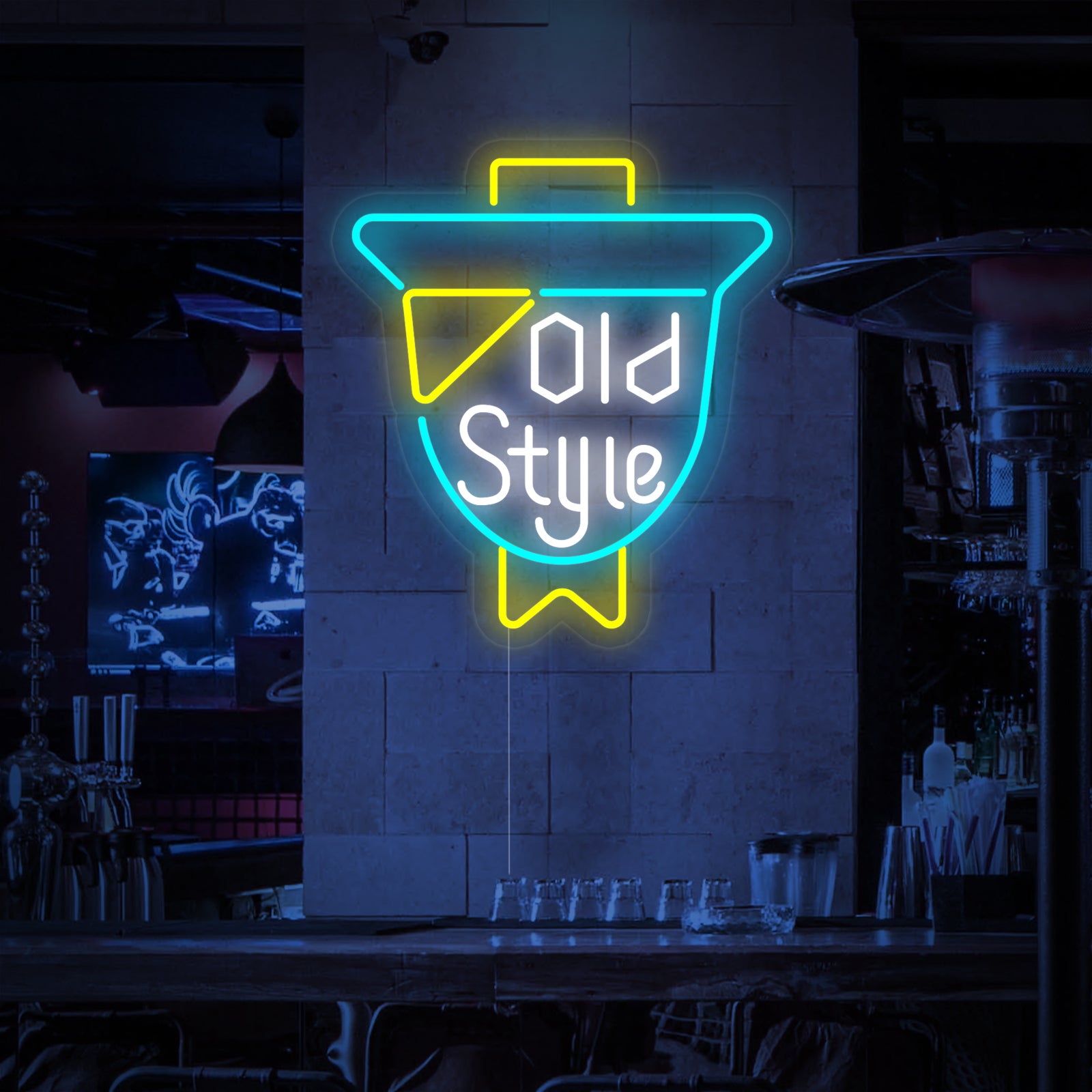 The "Vintage OLD STYLE Beer Bar" neon sign with white and orange glowing letters and decorative accents, mounted on clear acrylic backing.