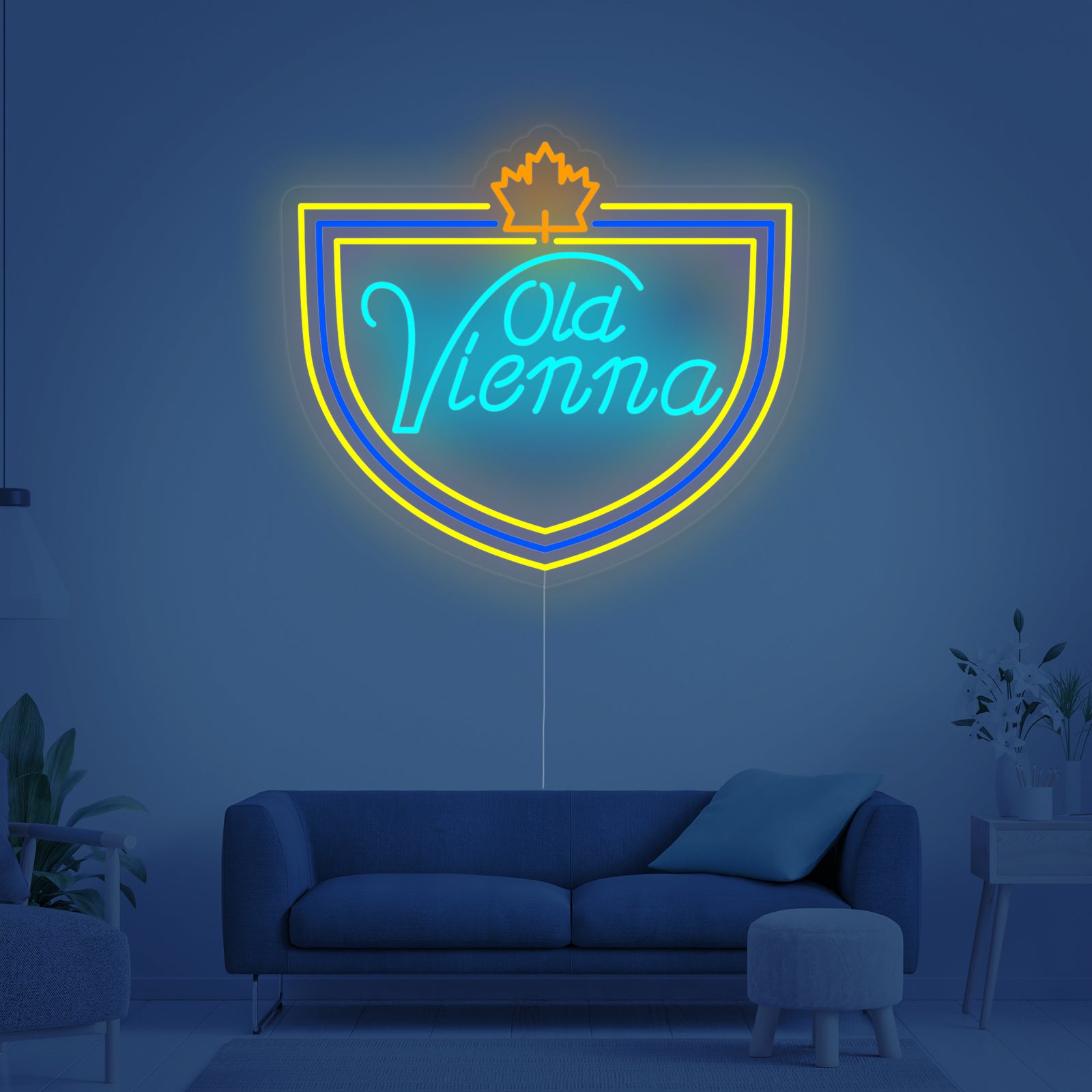 An eye-level product shot of a lighted Canadian beer neon sign advertising "Old Vienna Beer" against a brick wall, featuring a yellow beaver and blue and red glowing lines, mounted on clear acrylic.