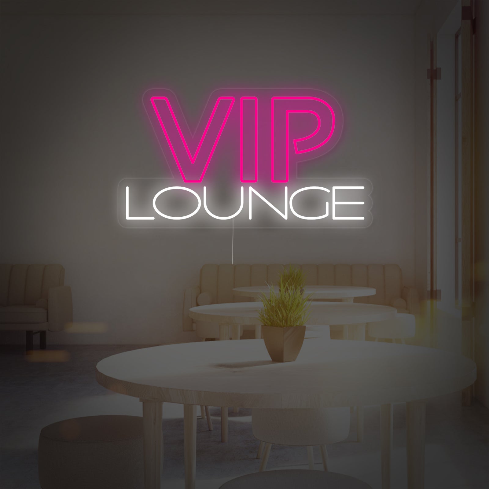 Close-up of the handcrafted details and vibrant glow of the VIP Lounge neon sign against a clear acrylic backing.