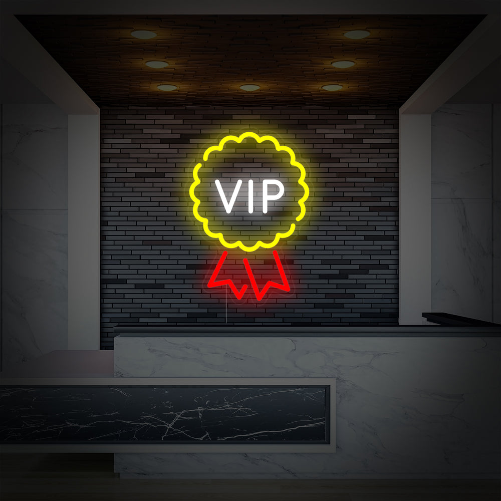 The glowing 'Vip Room Vip Lounge' neon sign displayed against a darker backdrop near a luxurious seating area.