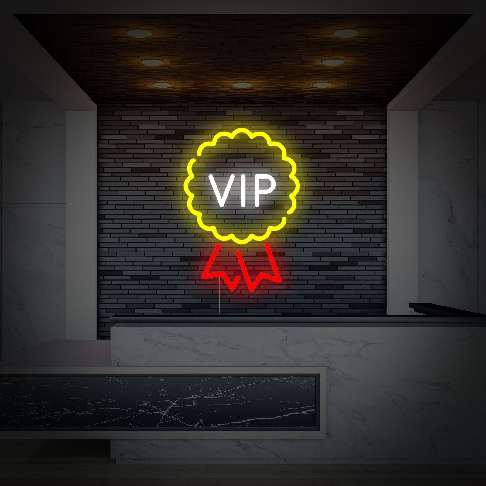 The glowing 'Vip Room Vip Lounge' neon sign displayed against a darker backdrop near a luxurious seating area.