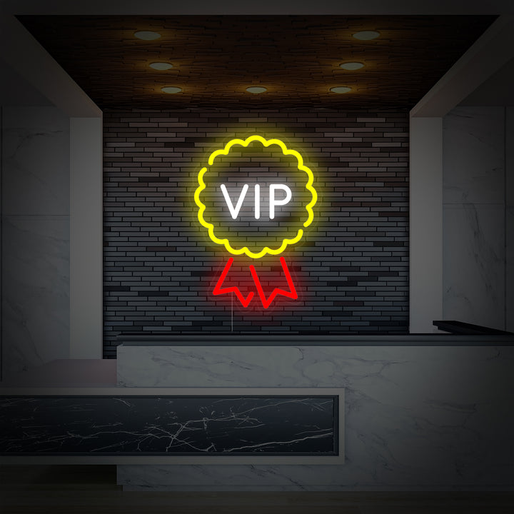 The glowing 'Vip Room Vip Lounge' neon sign displayed against a darker backdrop near a luxurious seating area.