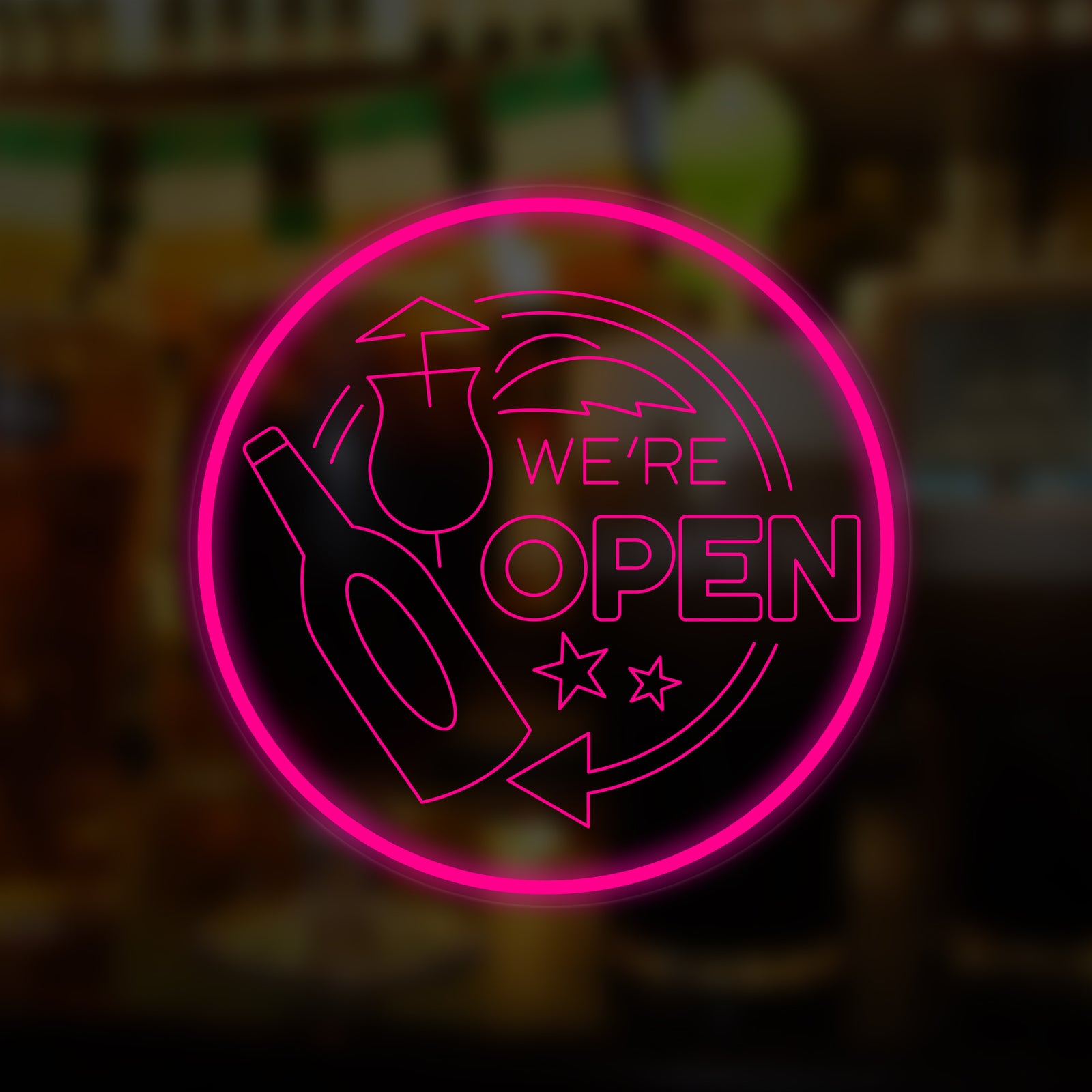 We are Open Pub mini neon sign graphic design glowing blue over a blurred bar background