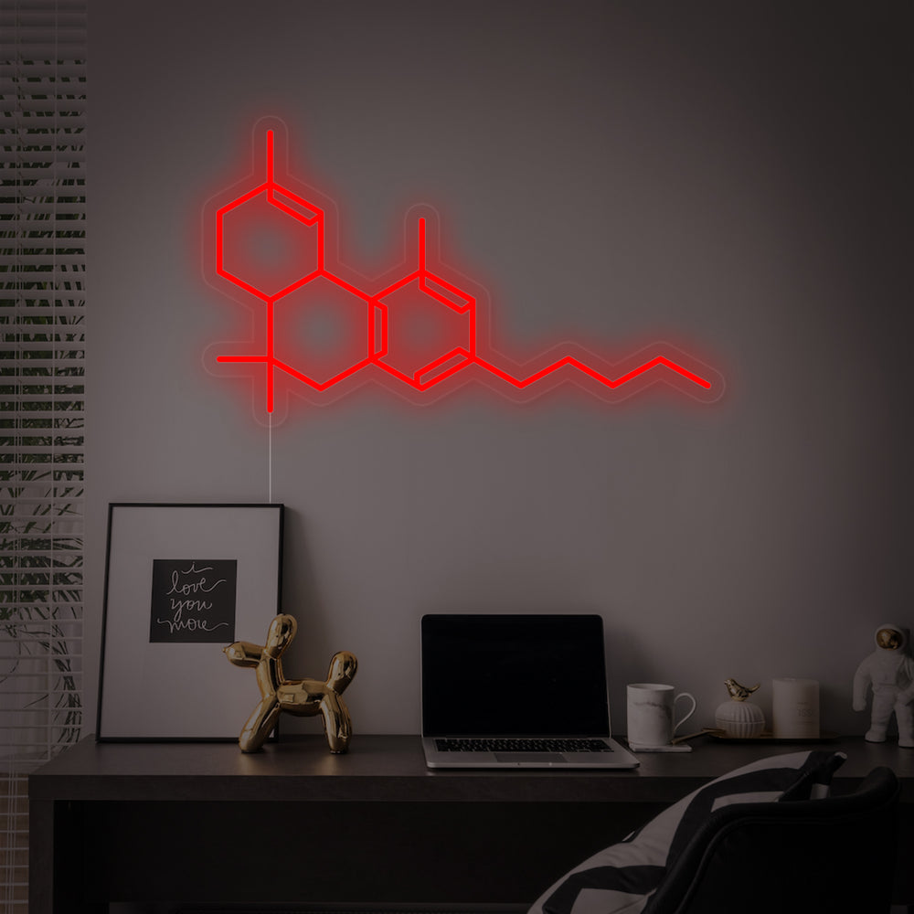 A stylized depiction of a THC molecule rendered as a neon sign.