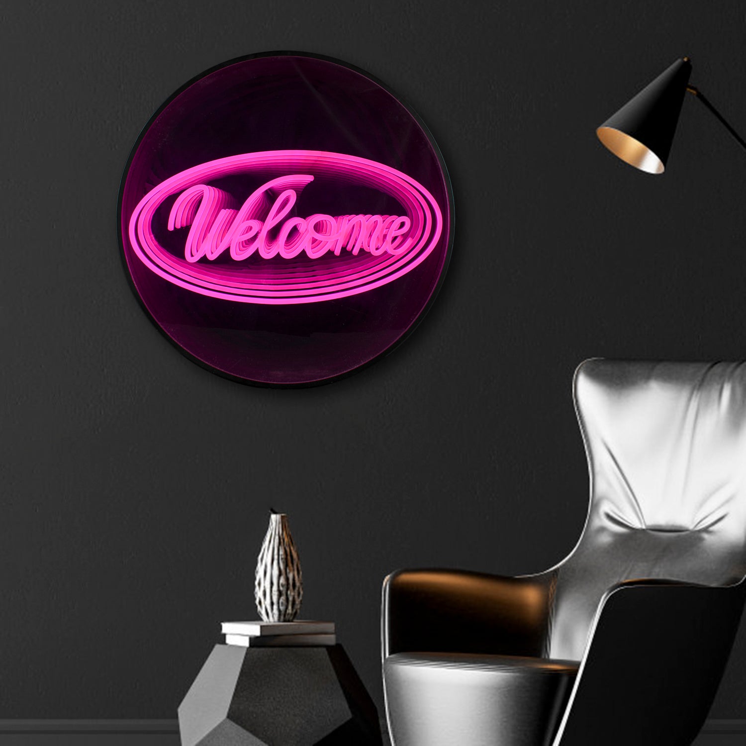 The 'Welcome' 3D infinity neon sign glowing vibrantly in a chic, modern living room setting.