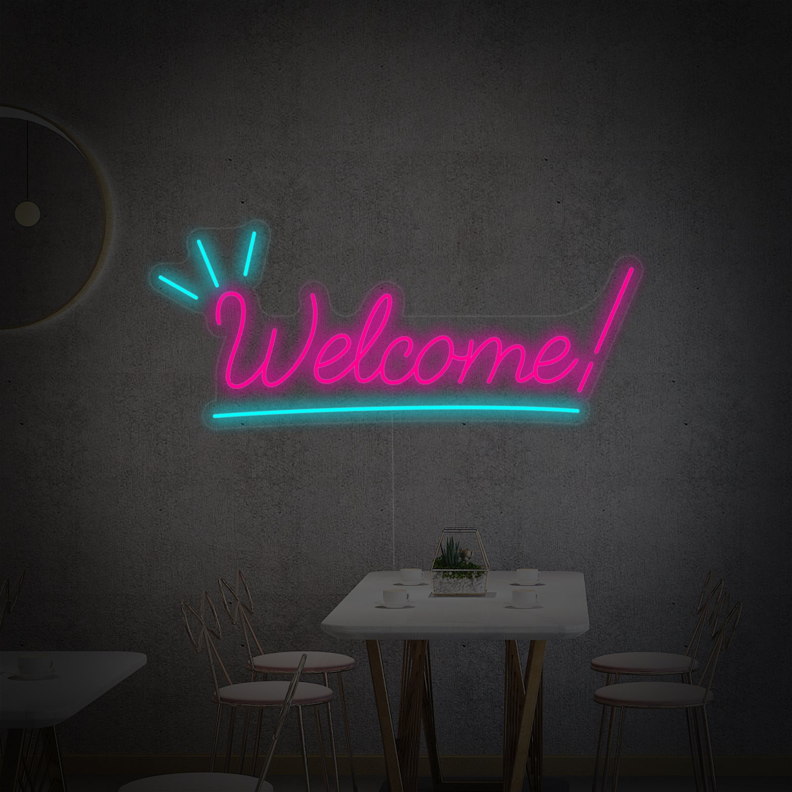 Clear backing acrylic sheet with white LED tubing forming the word "Welcome" in a stylish script, shown against a neutral background.