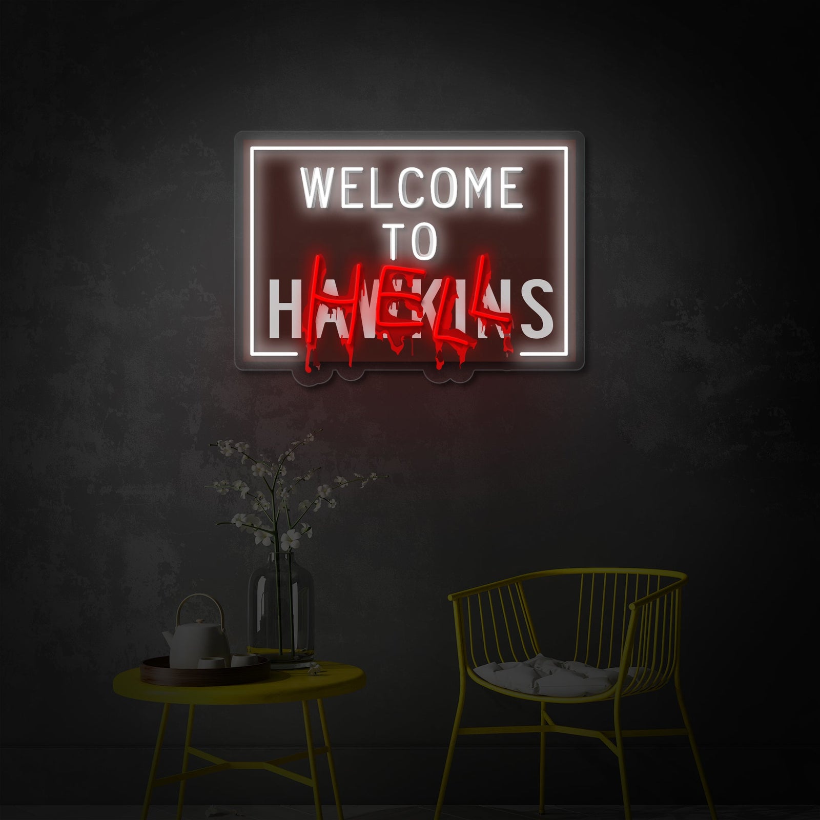 Close-up design visualization of the 'Welcome To Hell' UV Print neon sign concept, showing the red glowing text and printed Hawkins logo detail.