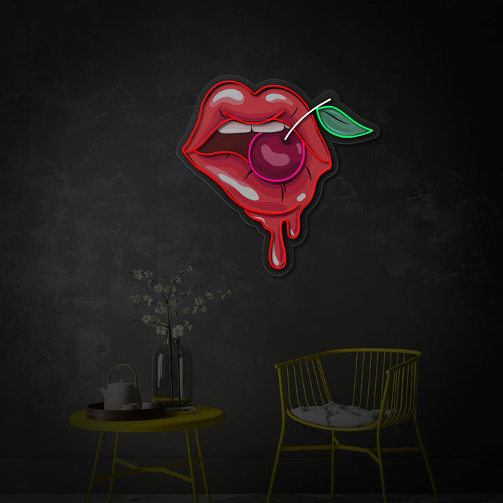 "Woman Lips With A Cherry" UV Print LED Neon Sign