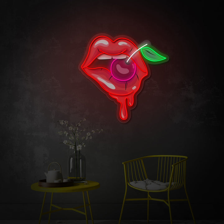 "Woman Lips With A Cherry" UV Print LED Neon Sign