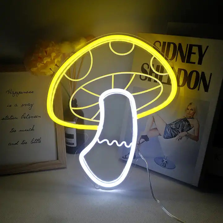 Close-up of the lit mushroom mini neon sign, highlighting the bright tubing and acrylic support.