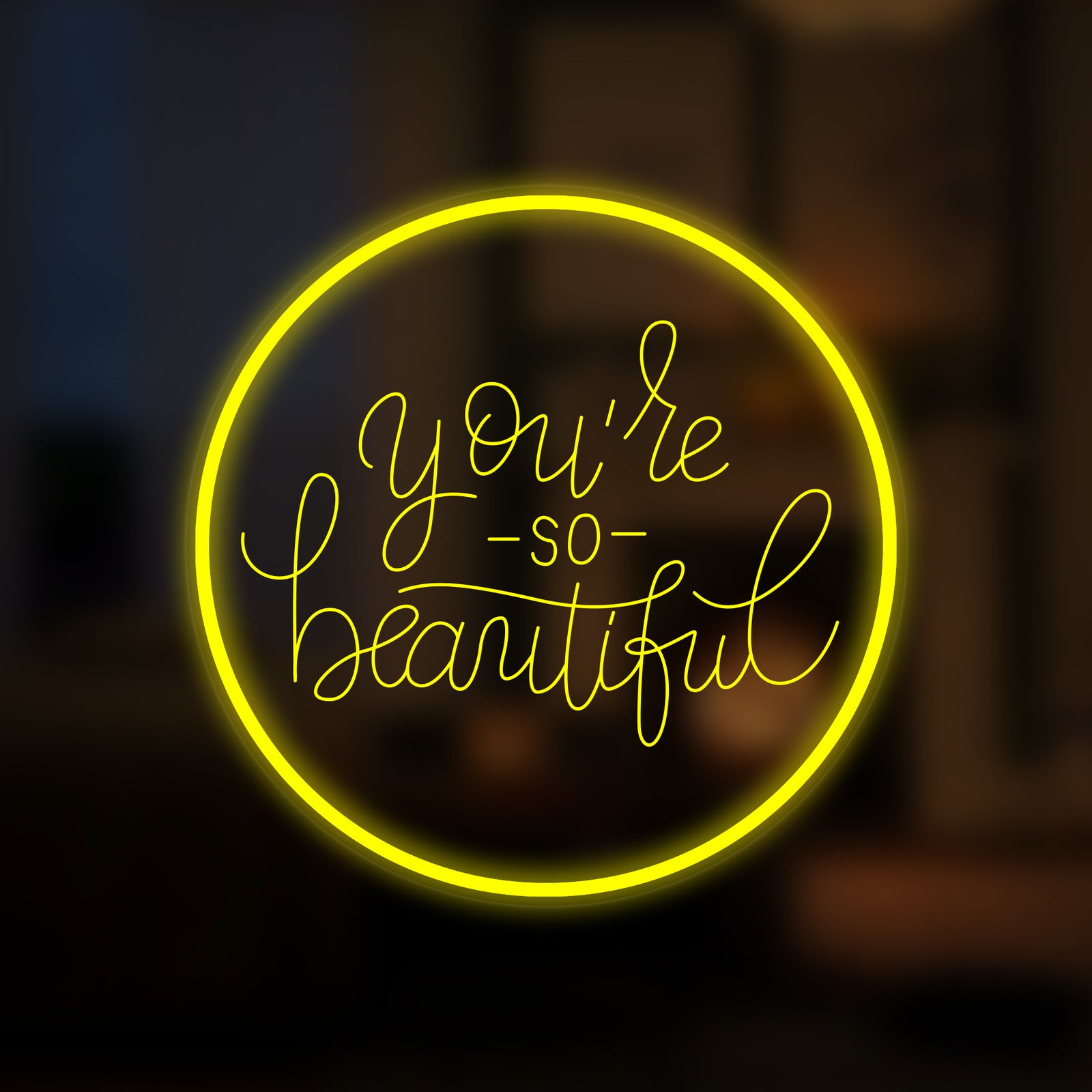 Graphic design rendering of the 'You Are Beautiful' mini neon sign in white, glowing against a softly blurred, warm background