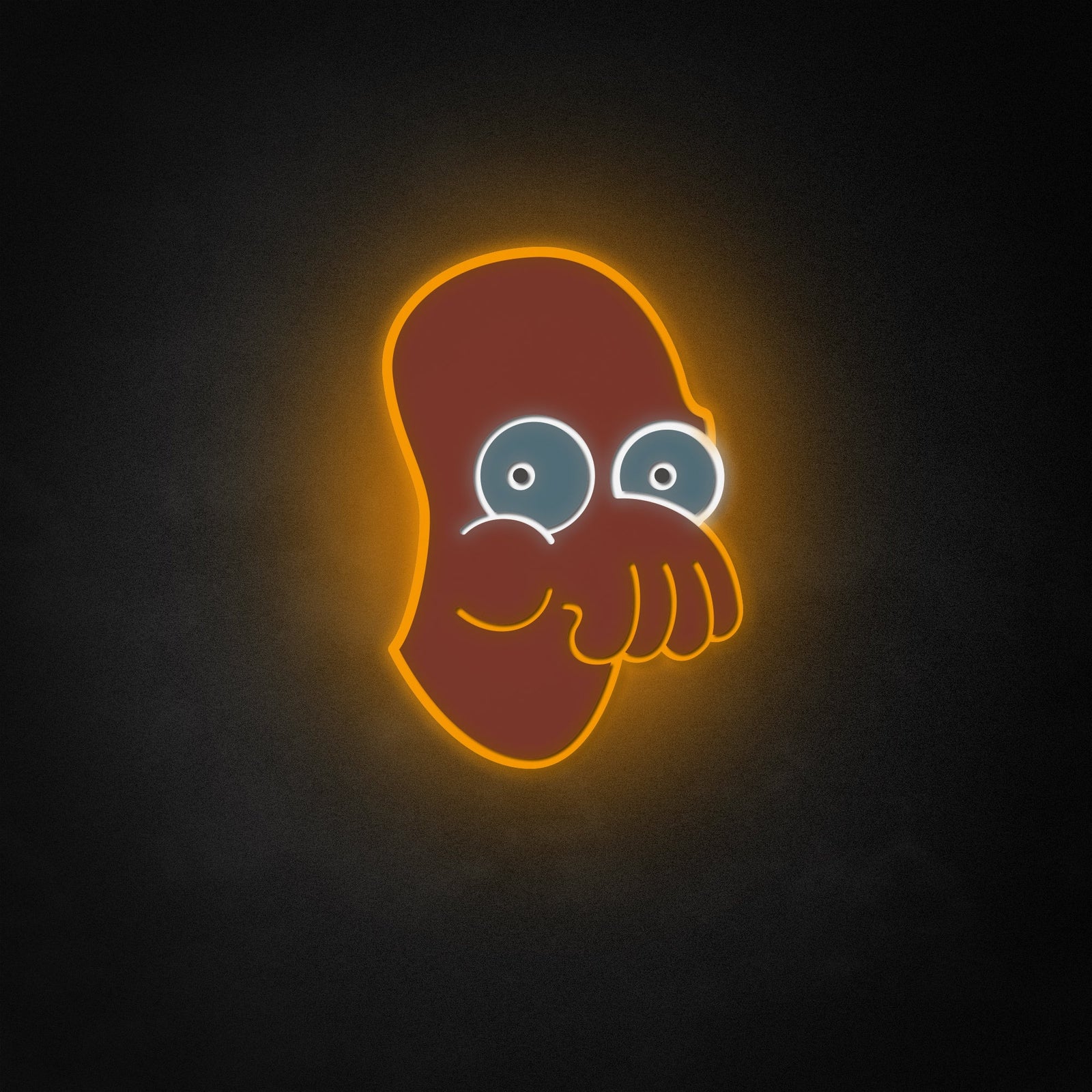 Vibrant, illuminated Zoidberg neon sign glowing orange and blue, composited on a textured wall background.
